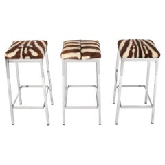 Clean Lined Zebra Hide Chrome Bar Stools 30" Height