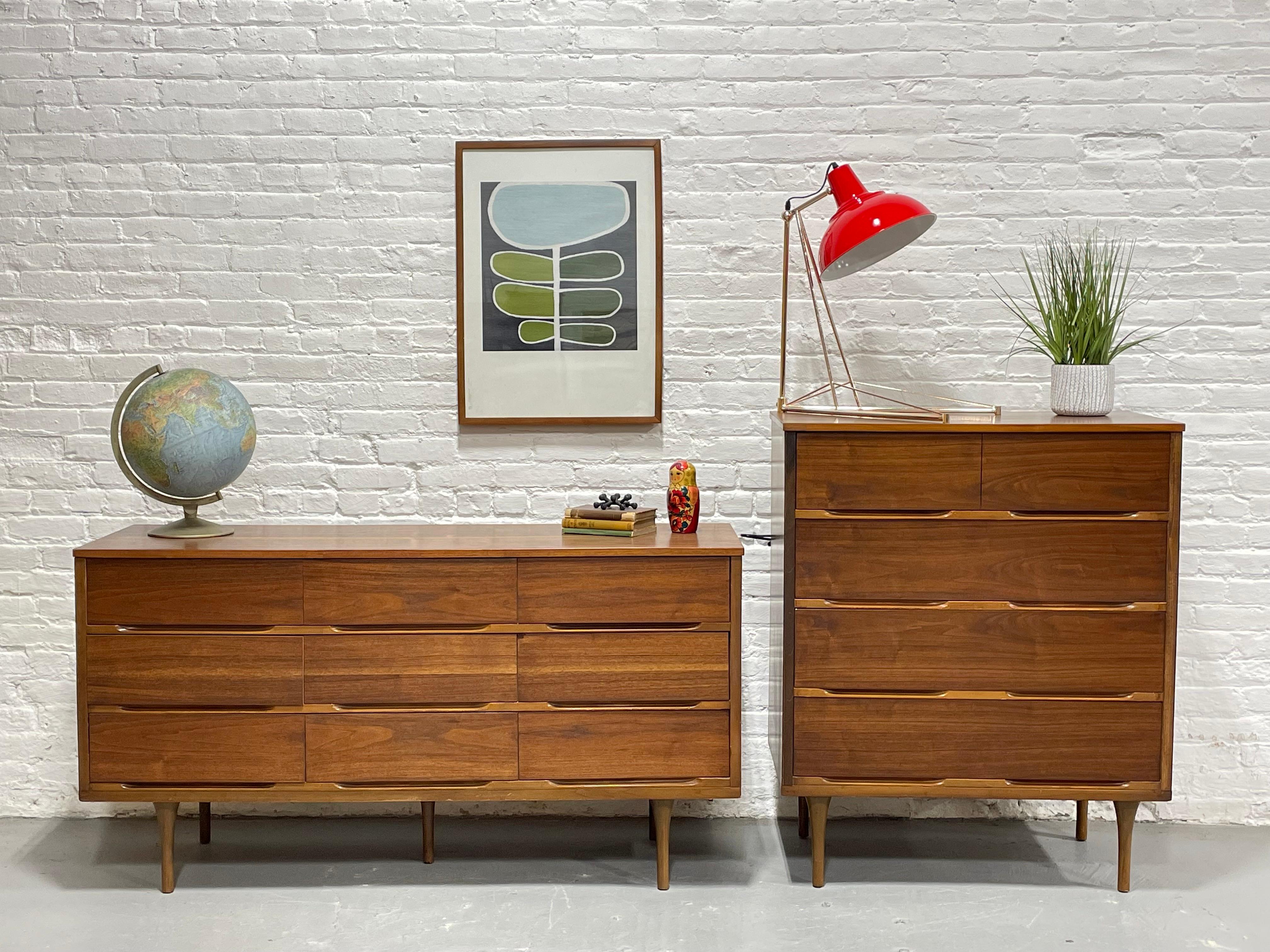 Clean + Simple Mid Century Modern Walnut Bedroom Set, consisting of a long 9 drawer credenza and tall highboy dresser. Both pieces feature stunning wood grains, long tapered legs and newly refinished tabletops. The seamless design of the drawer