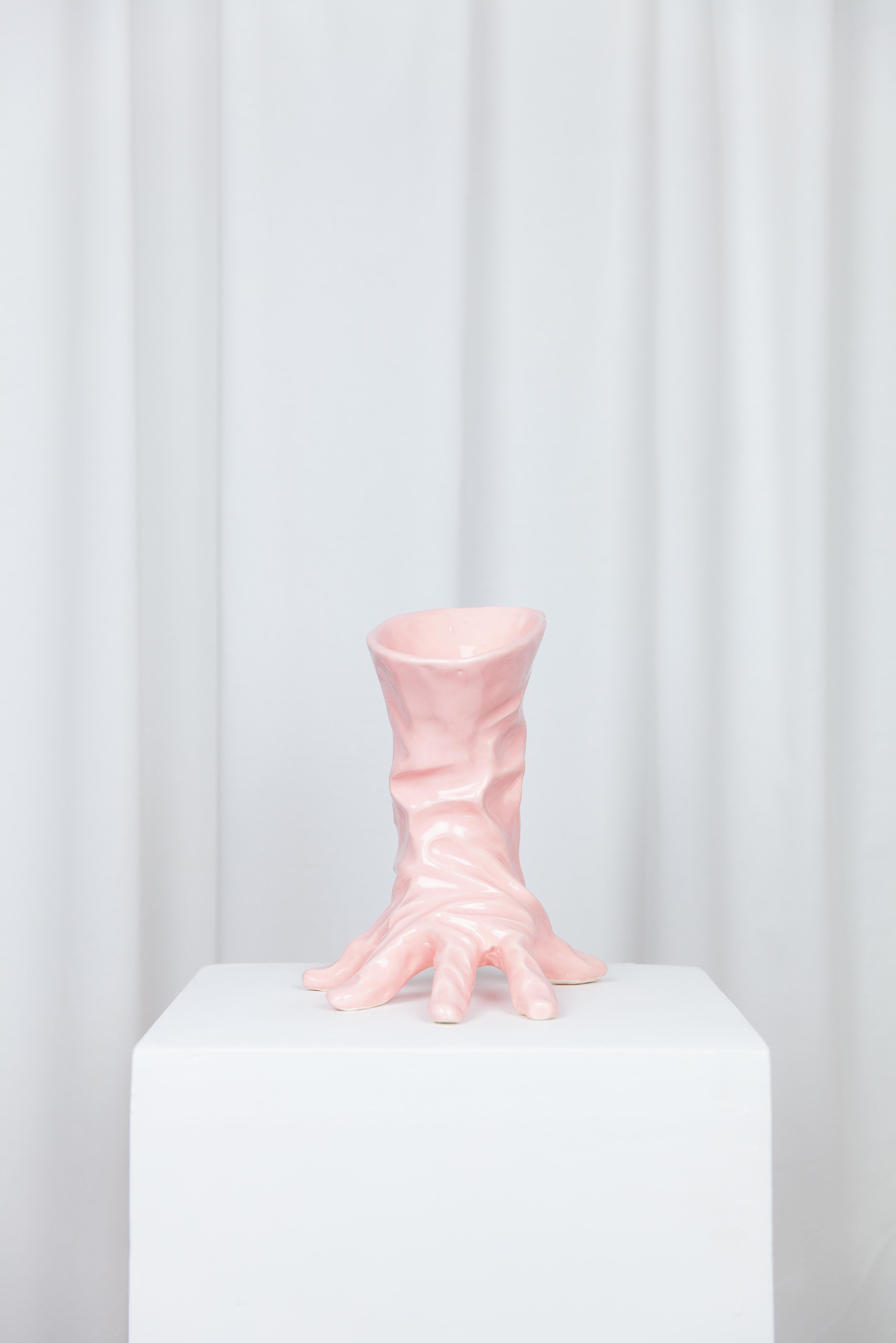 Cleaning glove vase by Lola Mayeras
Dimensions: D 18 x W 16 x W 23 cm
Materials: Earthenware.

Vase in white earthenware, glazed in pink.
This piece is designed and handcrafted in the south of France.

Lola Mayeras — Designer 
In parallel