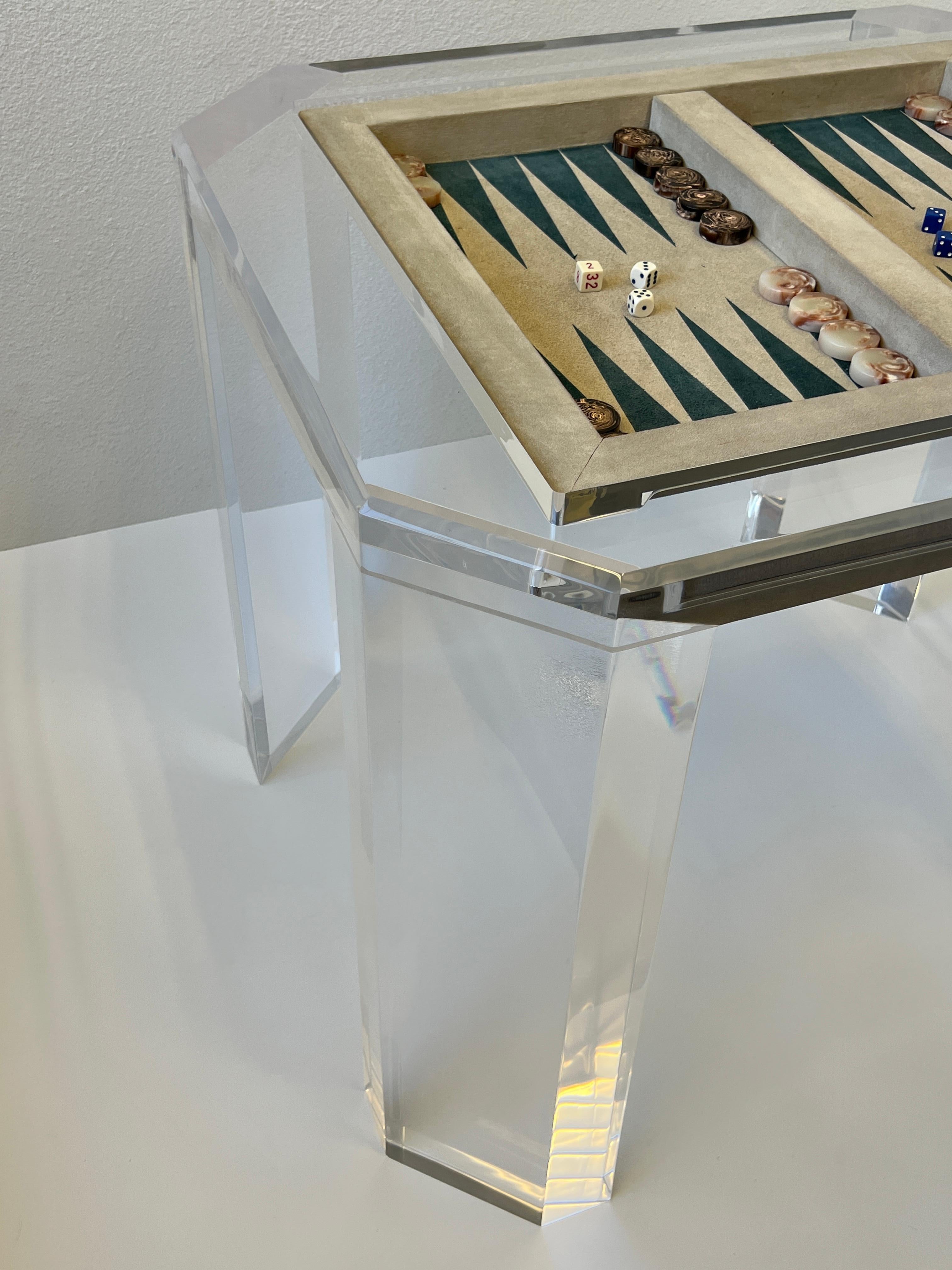 Polished Clear Acrylic and Suede Leather Backgammon Game Table by Charles Hollis Jones