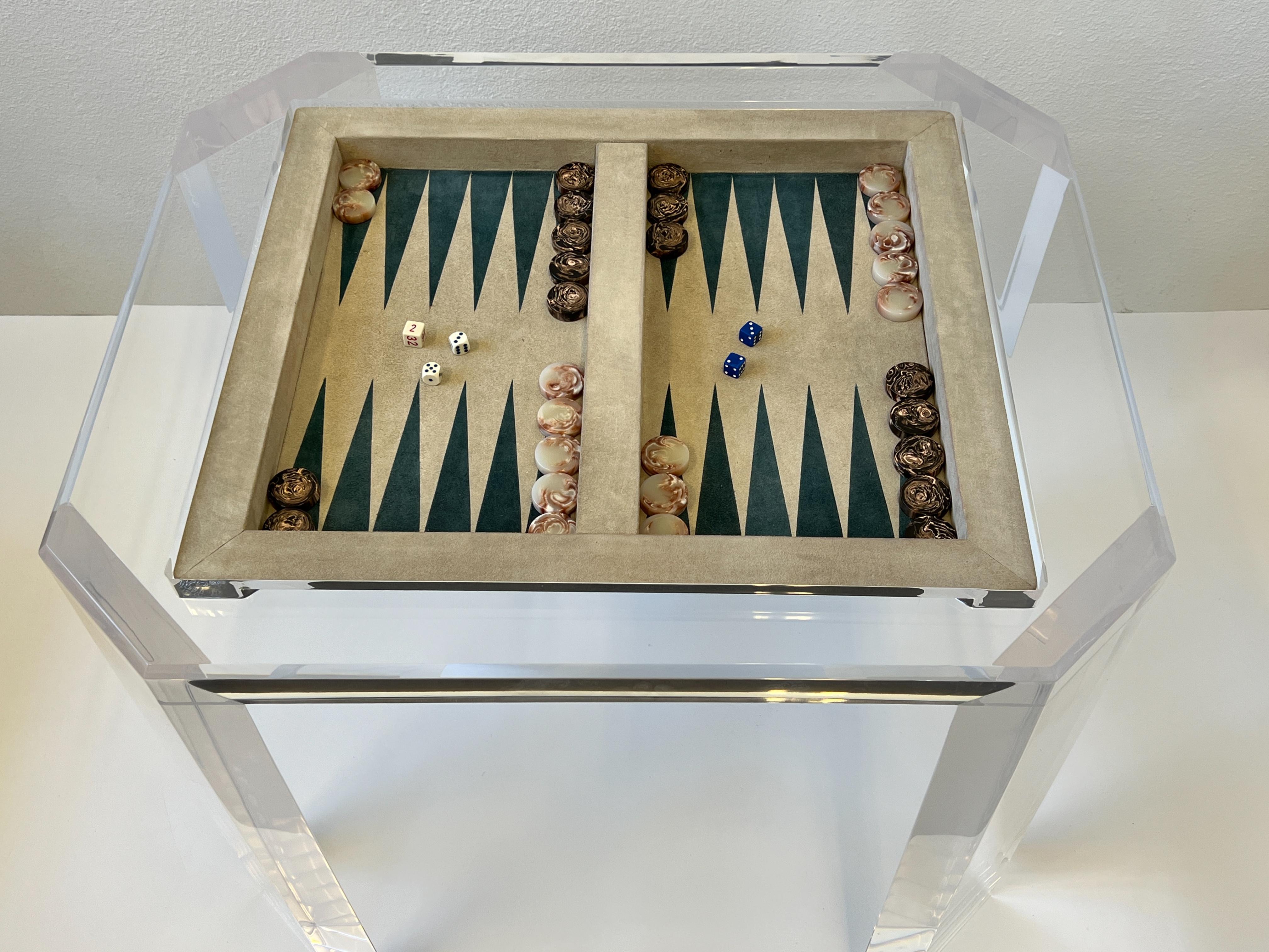 Clear Acrylic and Suede Leather Backgammon Game Table by Charles Hollis Jones In Good Condition In Palm Springs, CA