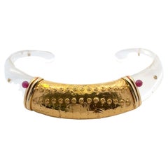 Clear Acrylic Hinge Collar Necklace 22k Yellow Gold and Rubies
