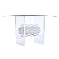 Clear Lucite Acrylic Pedestal Dining Table with Round Glass and Prism Center