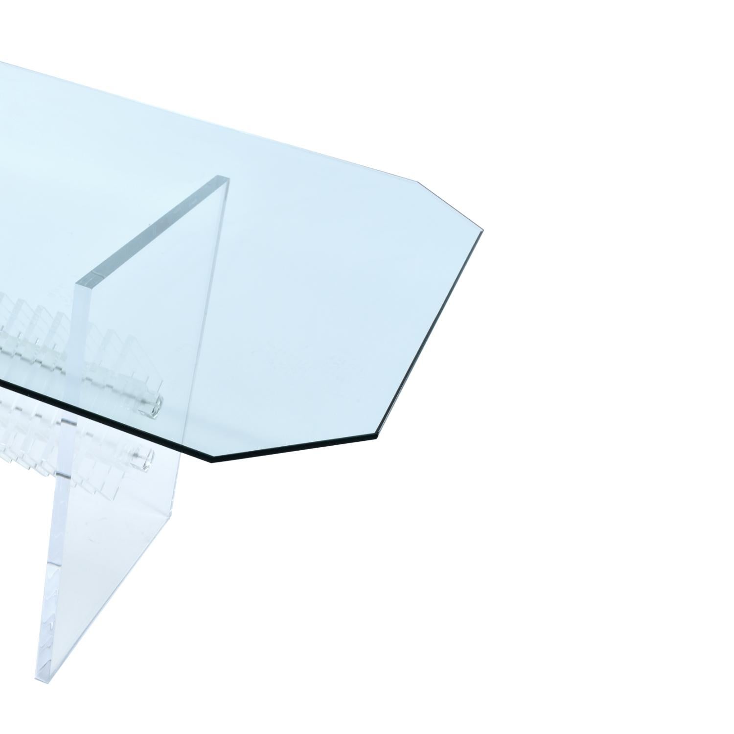 Glass Clear Acrylic Lucite Dining Table with Diamond Shaped Prism Center For Sale