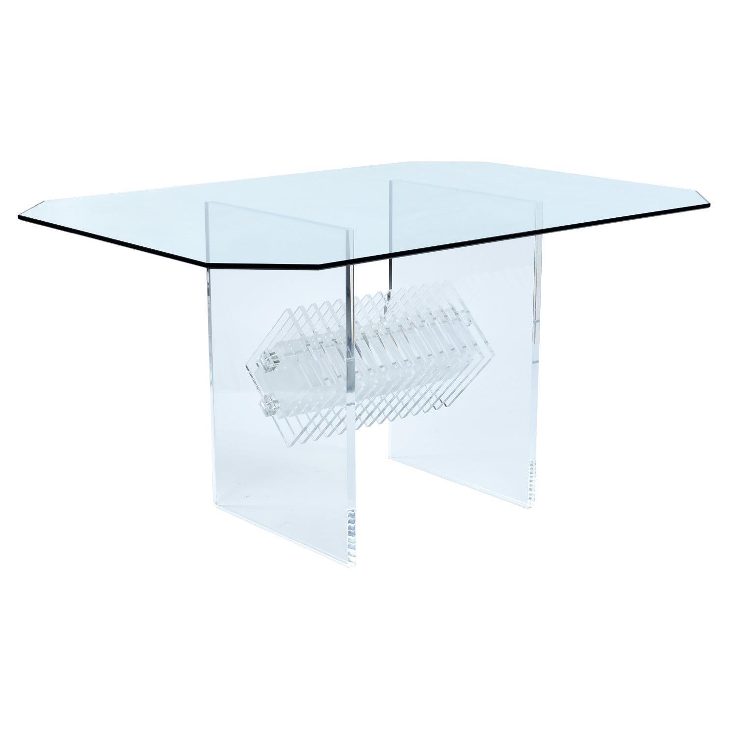 Clear Acrylic Lucite Dining Table with Diamond Shaped Prism Center