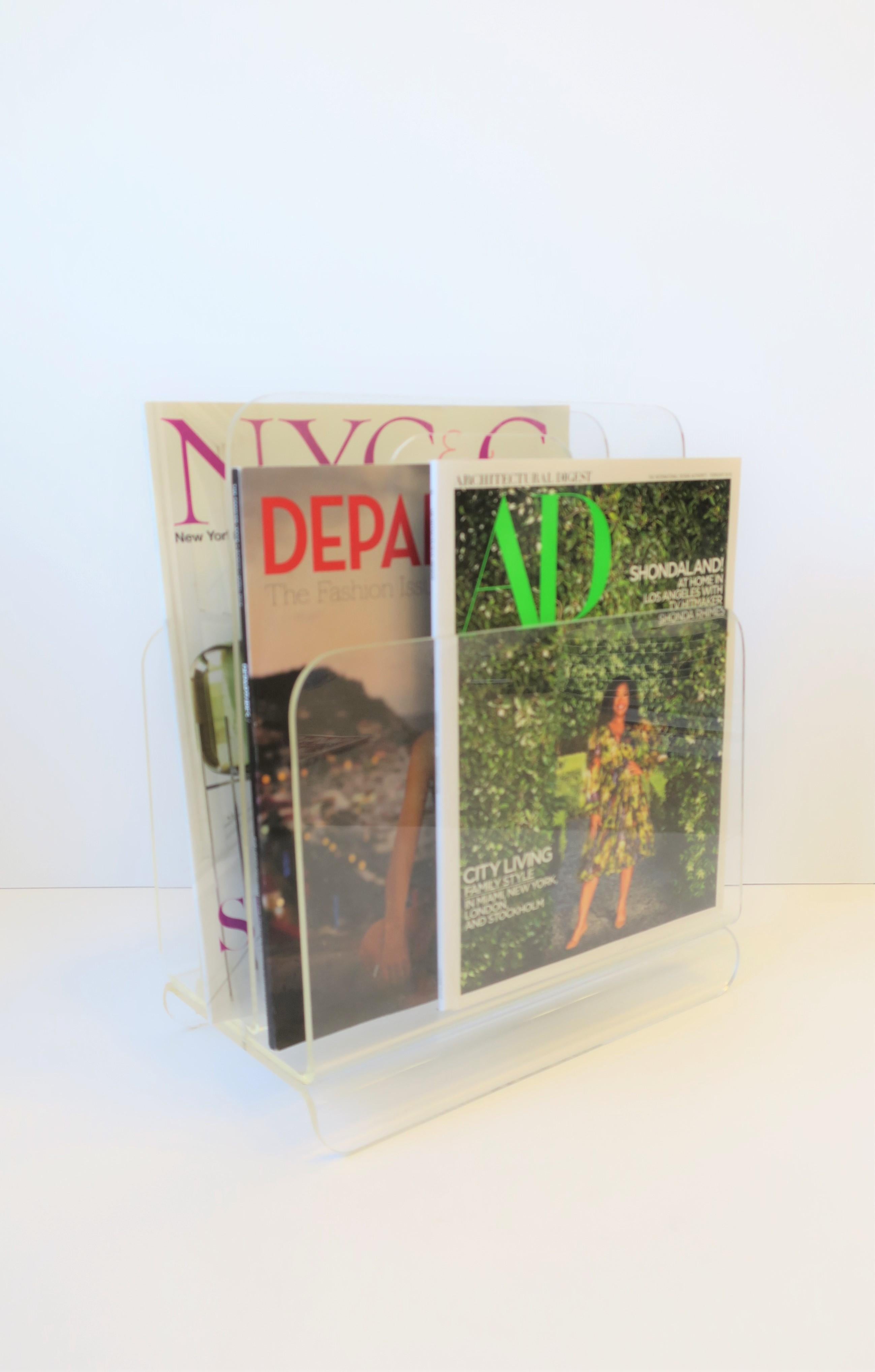 Modern Acrylic Lucite Magazine Holder Stand, 1976 For Sale