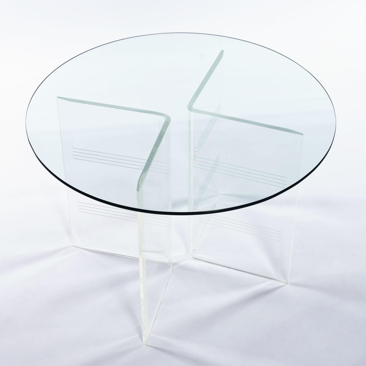 American Clear Acrylic V-Shape Etched Stripes Lucite Double Pedestal Dining Table