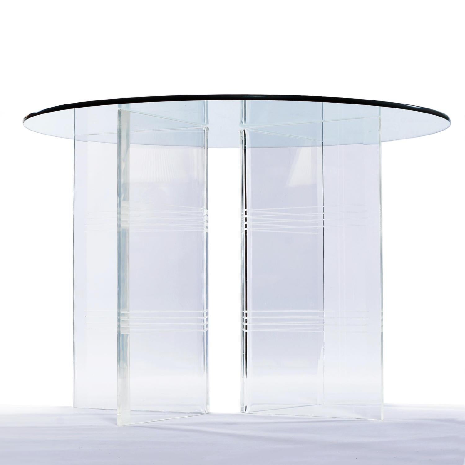 Clear Acrylic V-Shape Etched Stripes Lucite Double Pedestal Dining Table 1