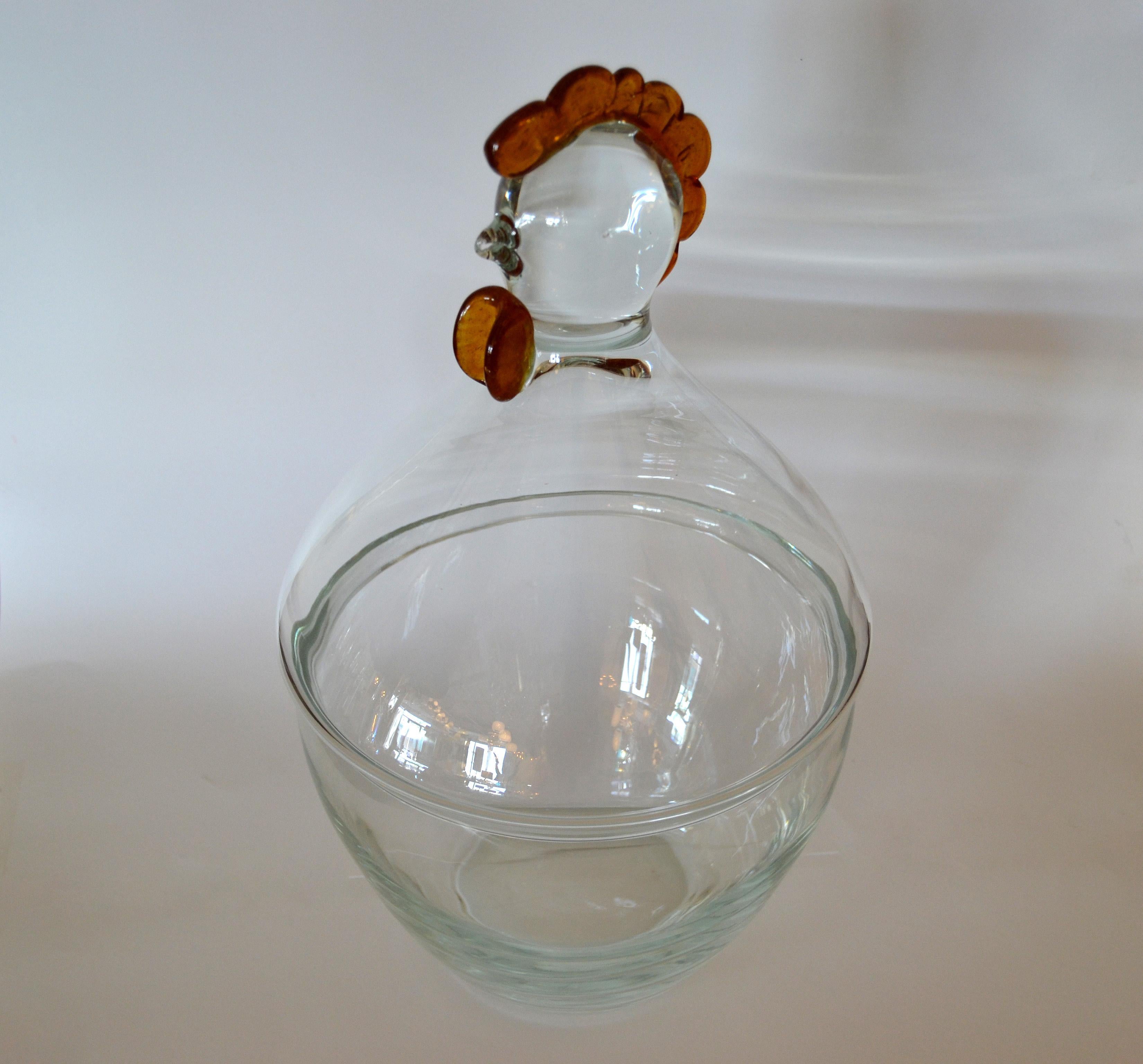 20th Century Clear & Amber Blown Glass Punch Bowl Vessel with Lid & Chicken Top Makora Krosno For Sale