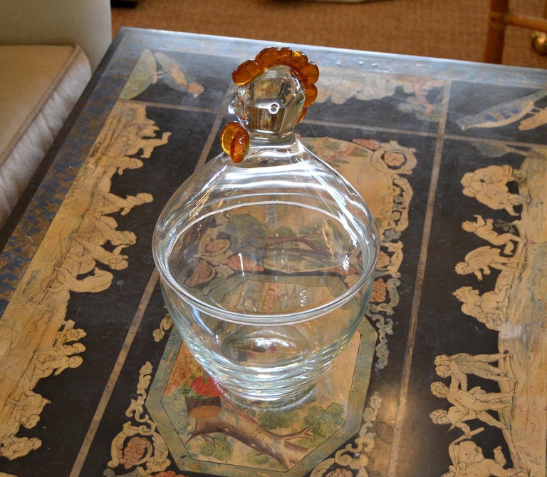 Clear and Amber Blown Glass Punch Bowl Vessel with Lid and Chicken Top