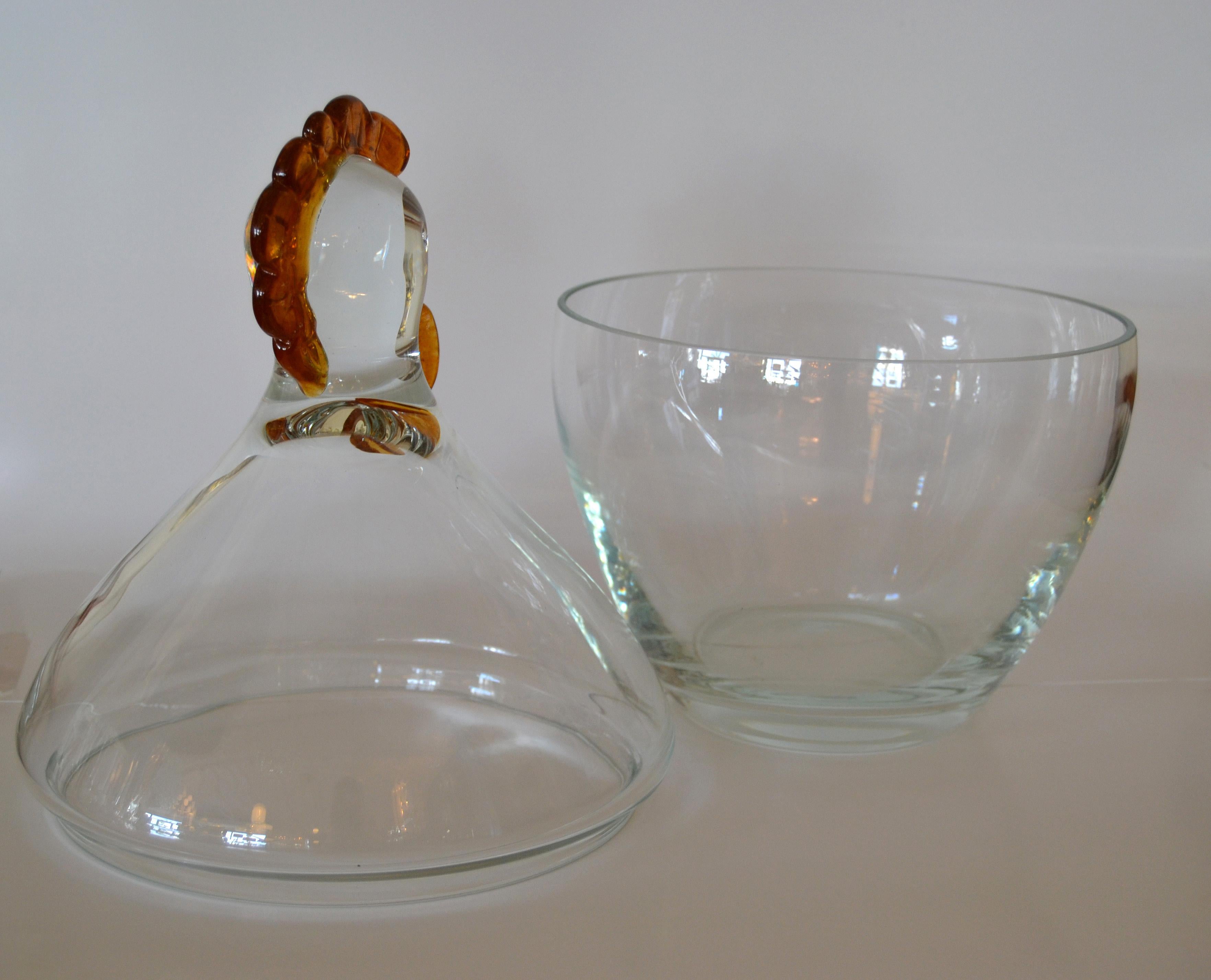Mid-Century Modern Clear & Amber Blown Glass Punch Bowl Vessel with Lid & Chicken Top Makora Krosno For Sale