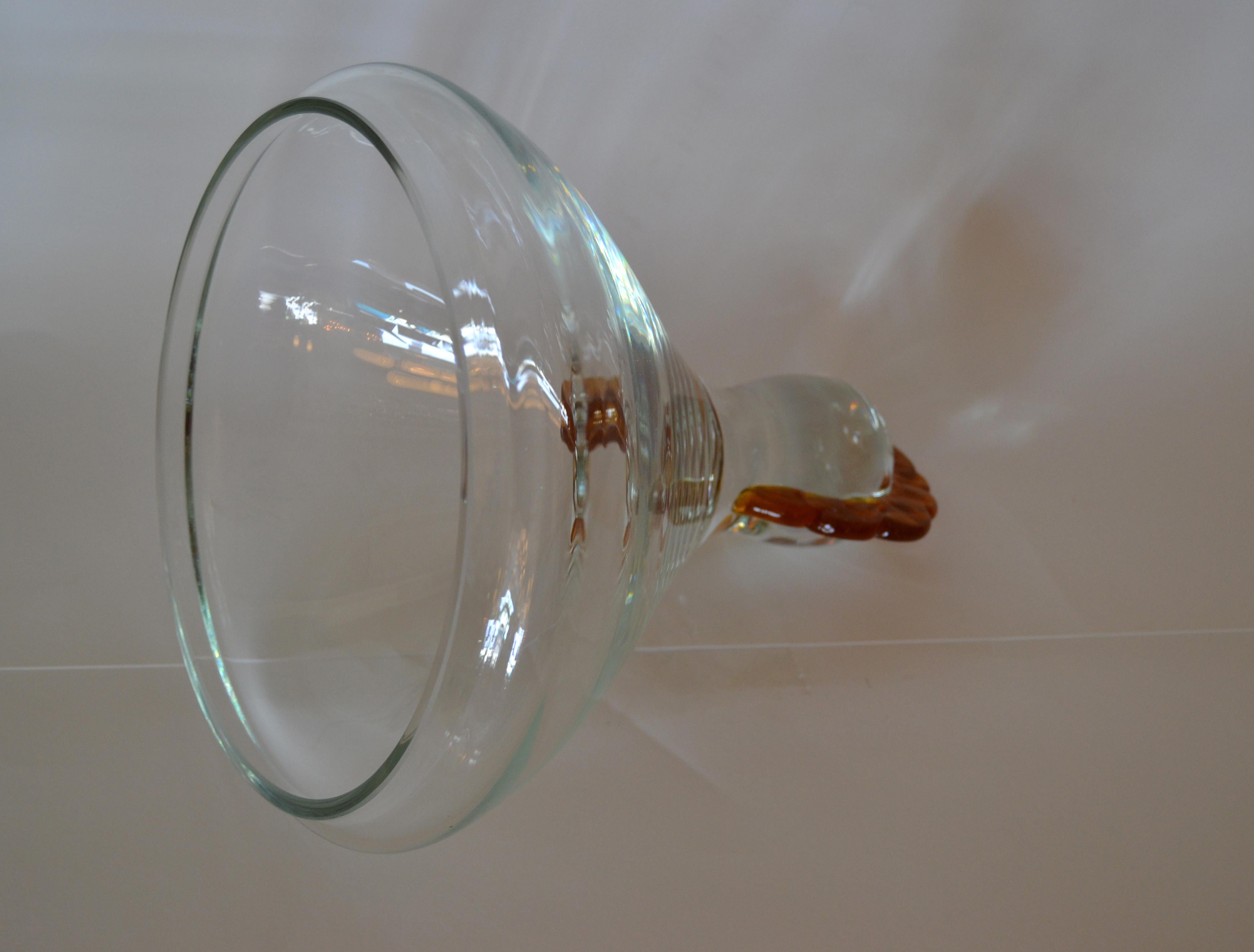 Polish Clear & Amber Blown Glass Punch Bowl Vessel with Lid & Chicken Top Makora Krosno For Sale