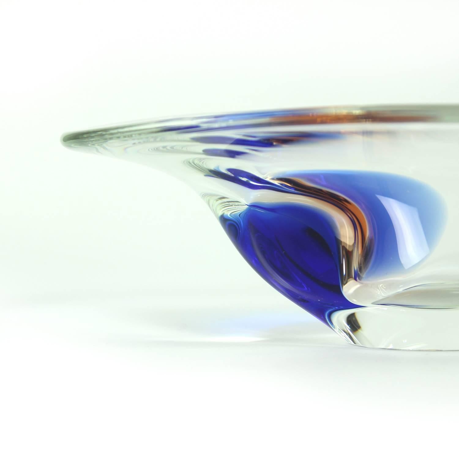 20th Century Clear and Blue Art Glass Bowl by Borocrystal, Czechoslovakia, circa 1960 For Sale