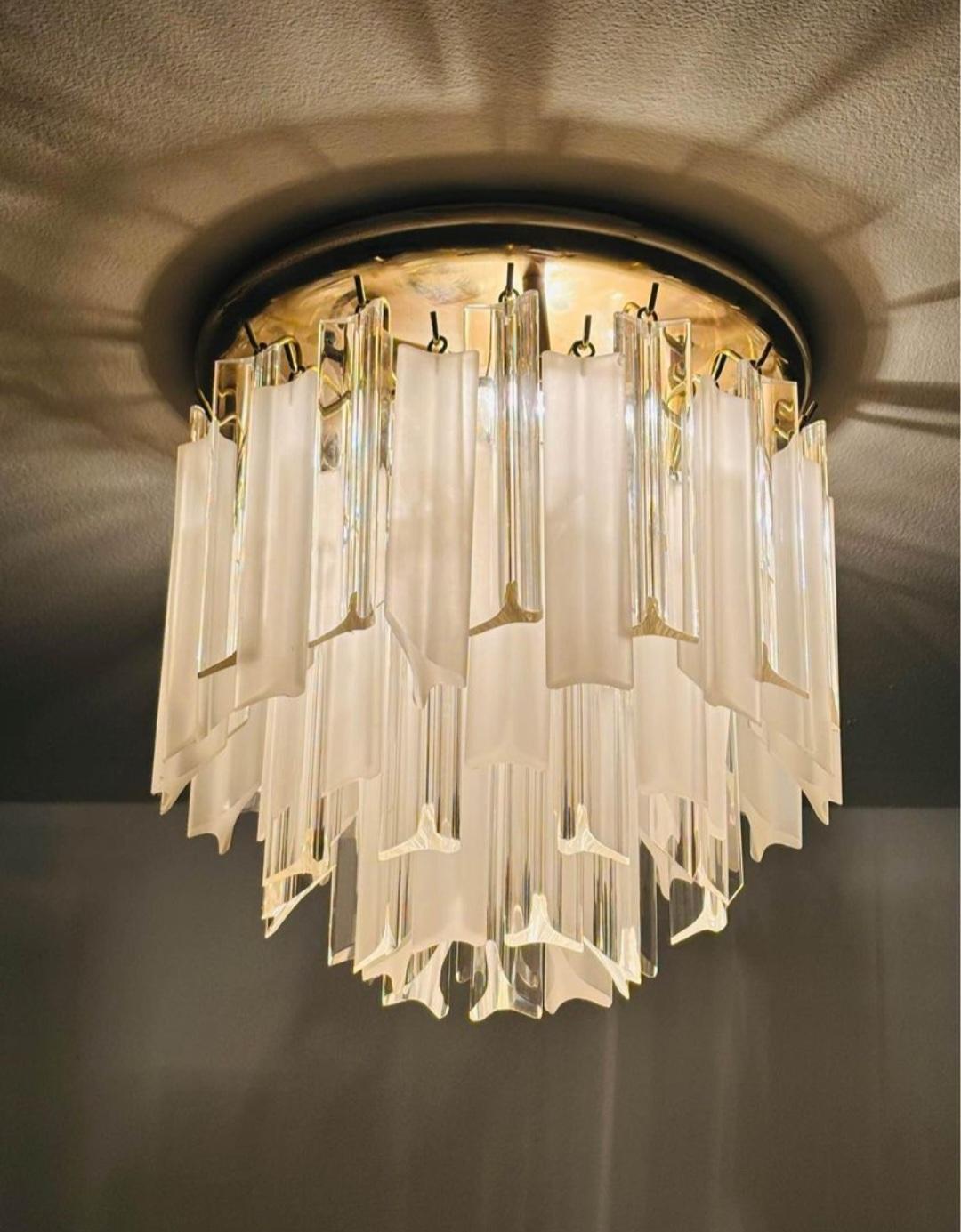 American Clear and Frosted Lucite and Brass Chanderlier Flushmount Ceiling Lighting For Sale