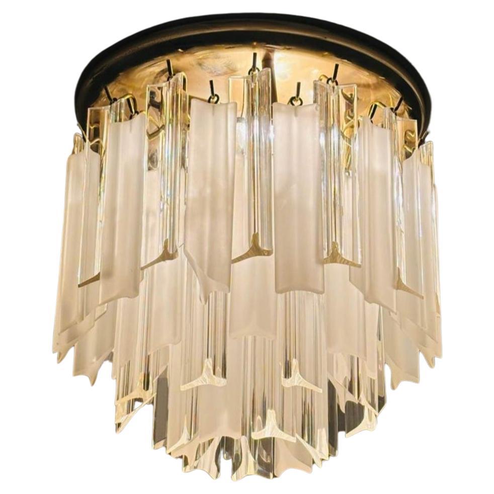 Clear and Frosted Lucite and Brass Chanderlier Flushmount Ceiling Lighting For Sale