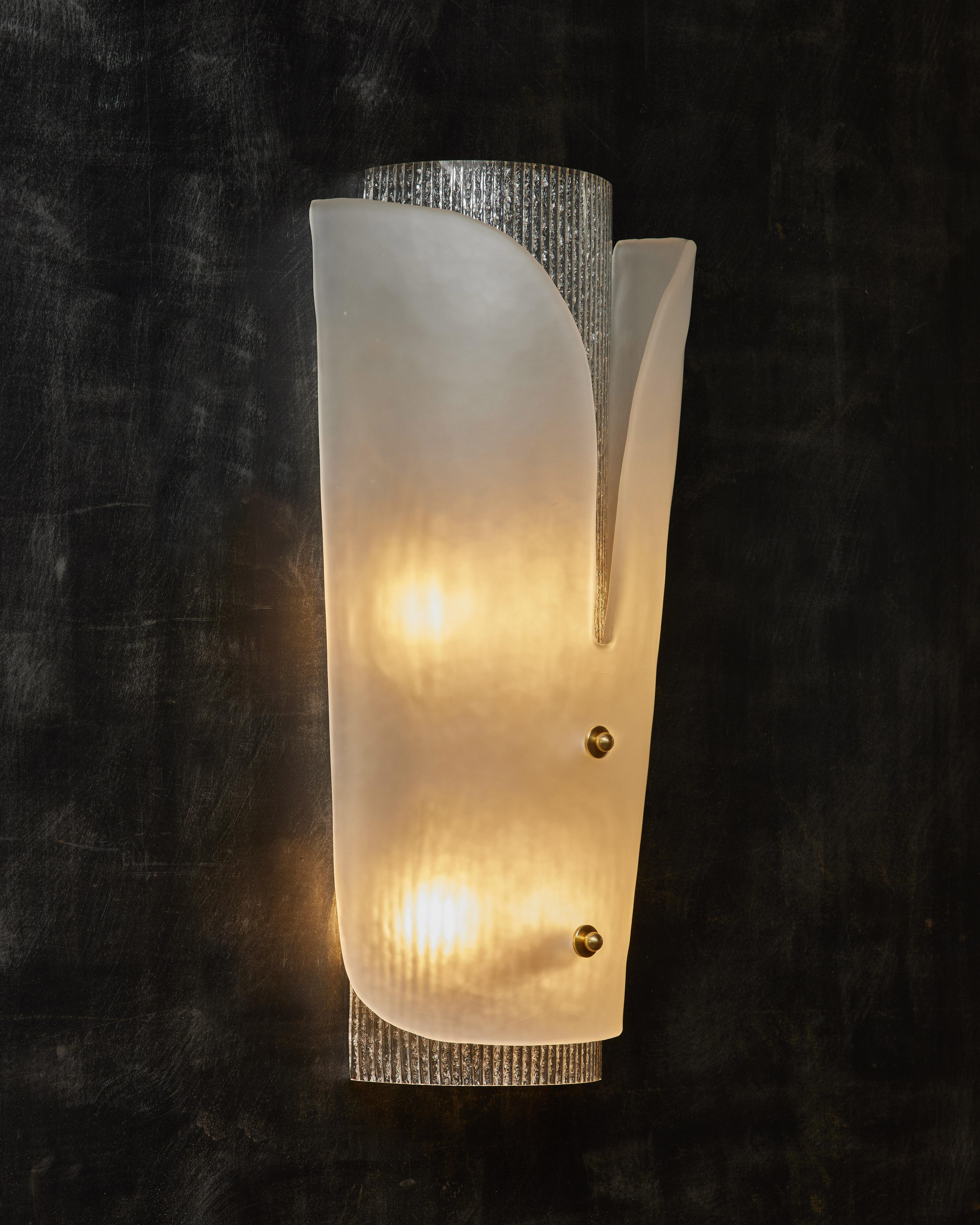 Italian Clear and Frosted Textured Murano Glass Wall Sconces For Sale