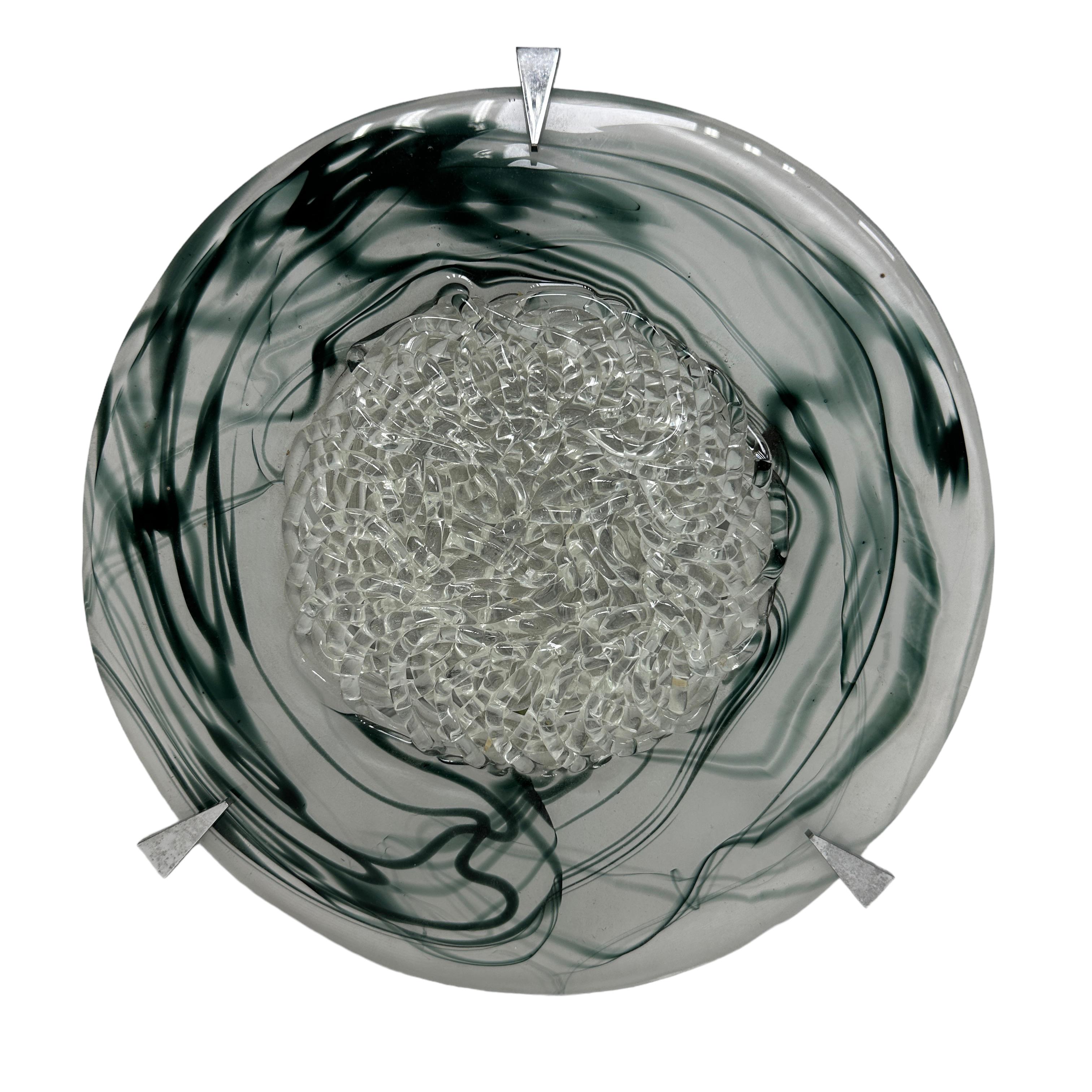 Mid-Century Modern Clear and Grey Murano Glass Flush Mount or Wall Light, Italy, 1980s For Sale