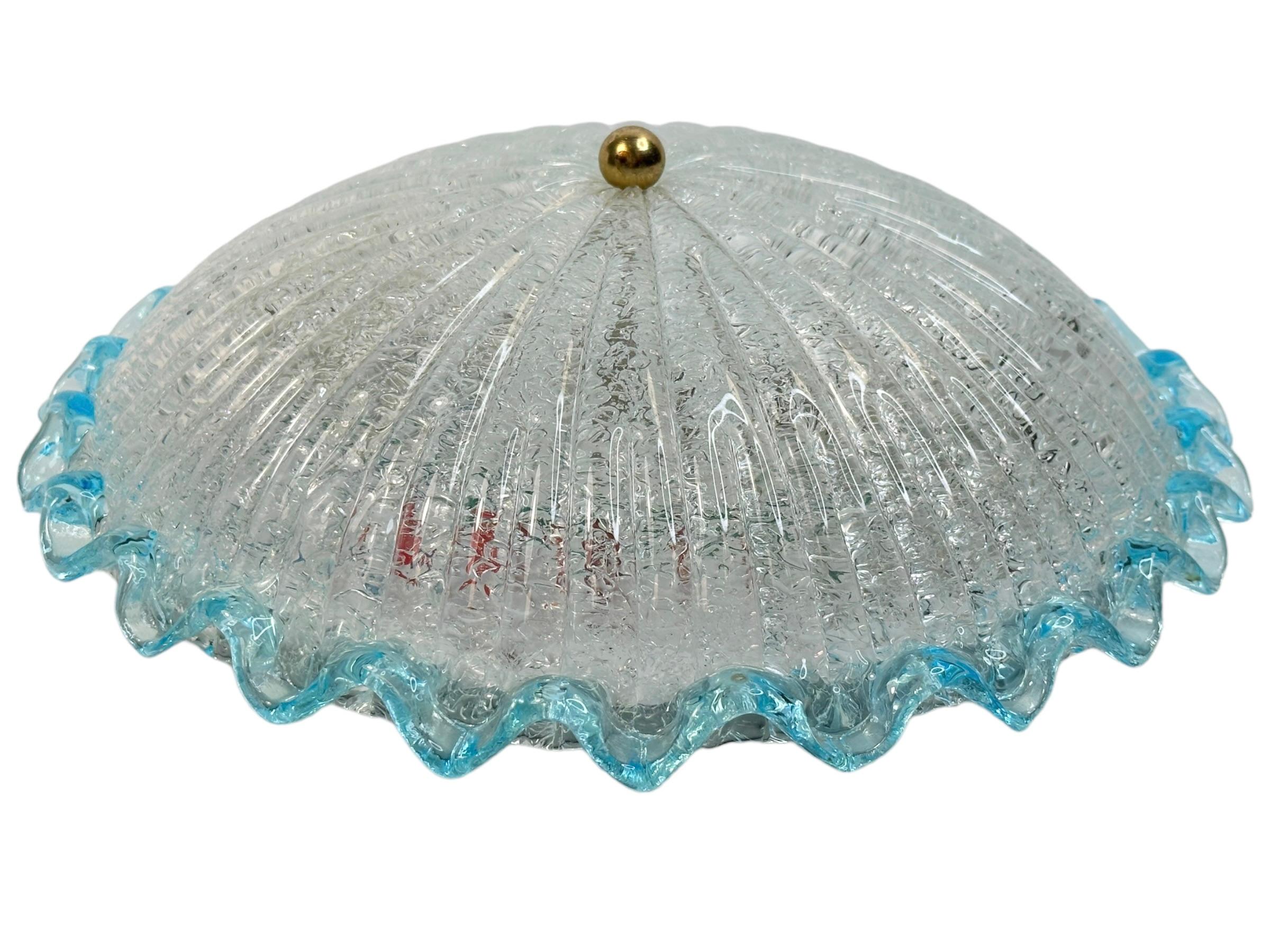 Mid-Century Modern Clear and Light Blue Murano Glass Flush Mount Ceiling Light, Italy, 1970s For Sale