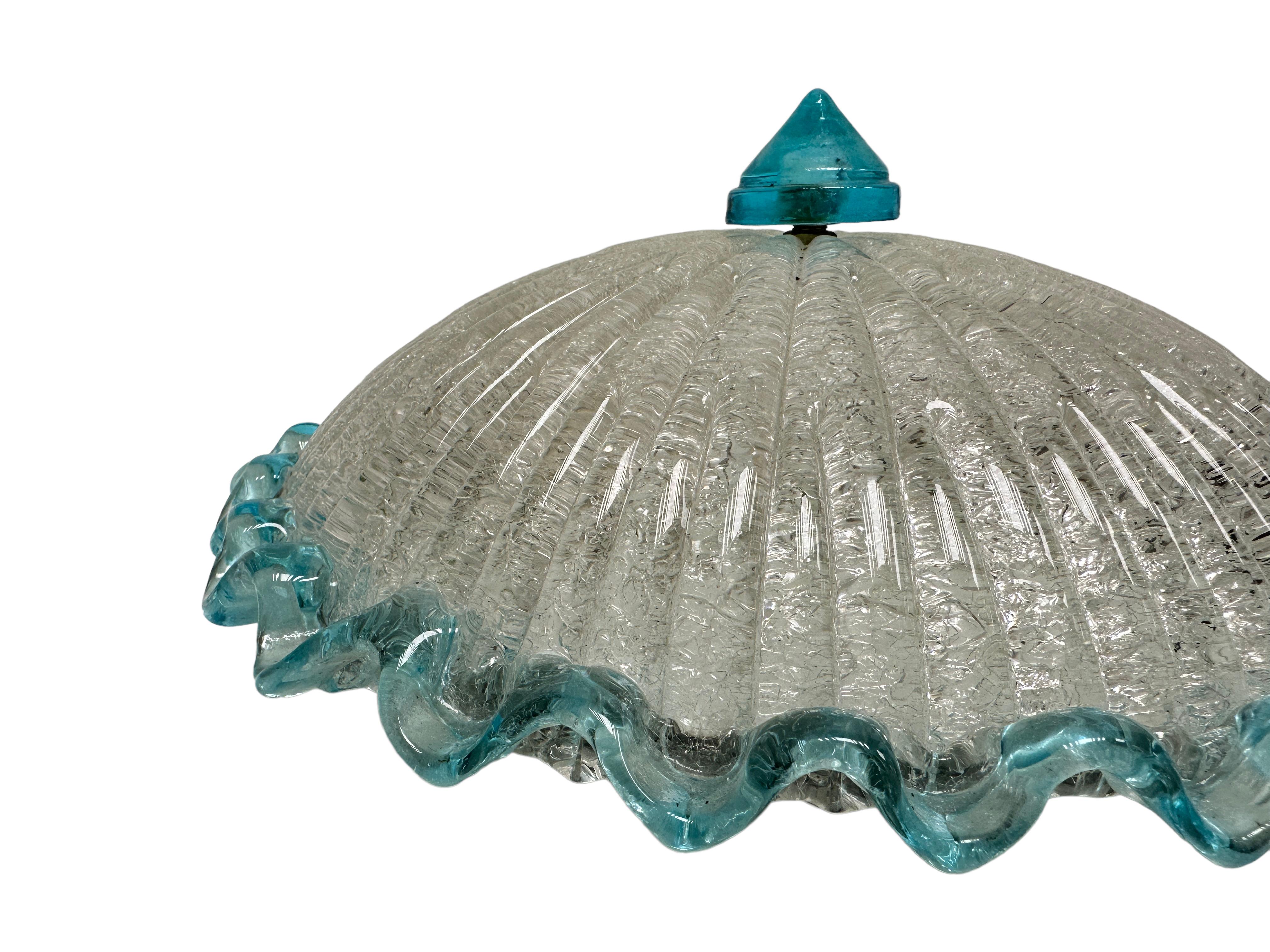 Mid-Century Modern Clear and Light Blue Murano Glass Flush Mount Ceiling Light, Italy, 1970s For Sale