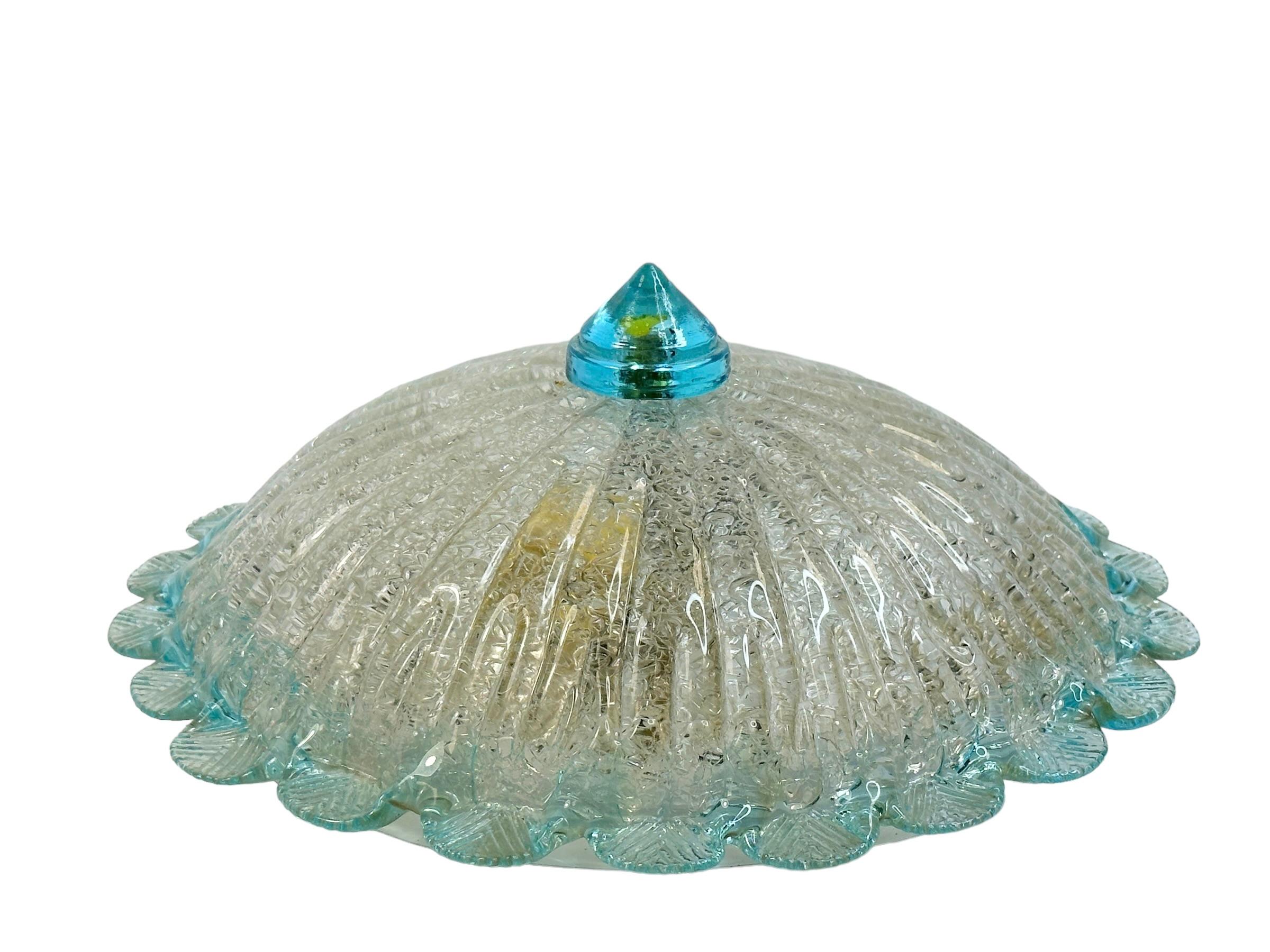 Late 20th Century Clear and Light Blue Murano Glass Flush Mount Ceiling Light, Italy, 1970s For Sale