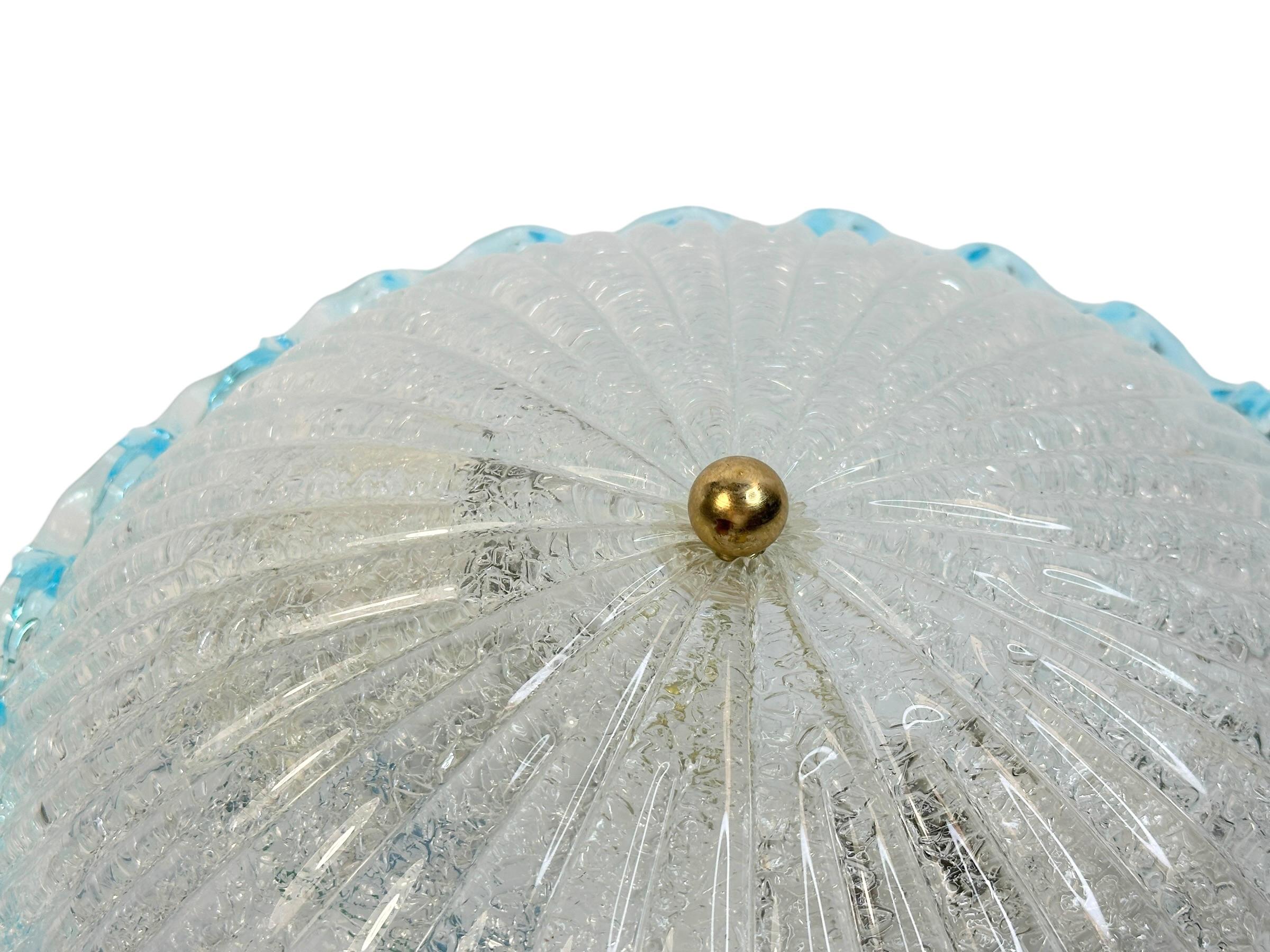 Late 20th Century Clear and Light Blue Murano Glass Flush Mount Ceiling Light, Italy, 1970s For Sale