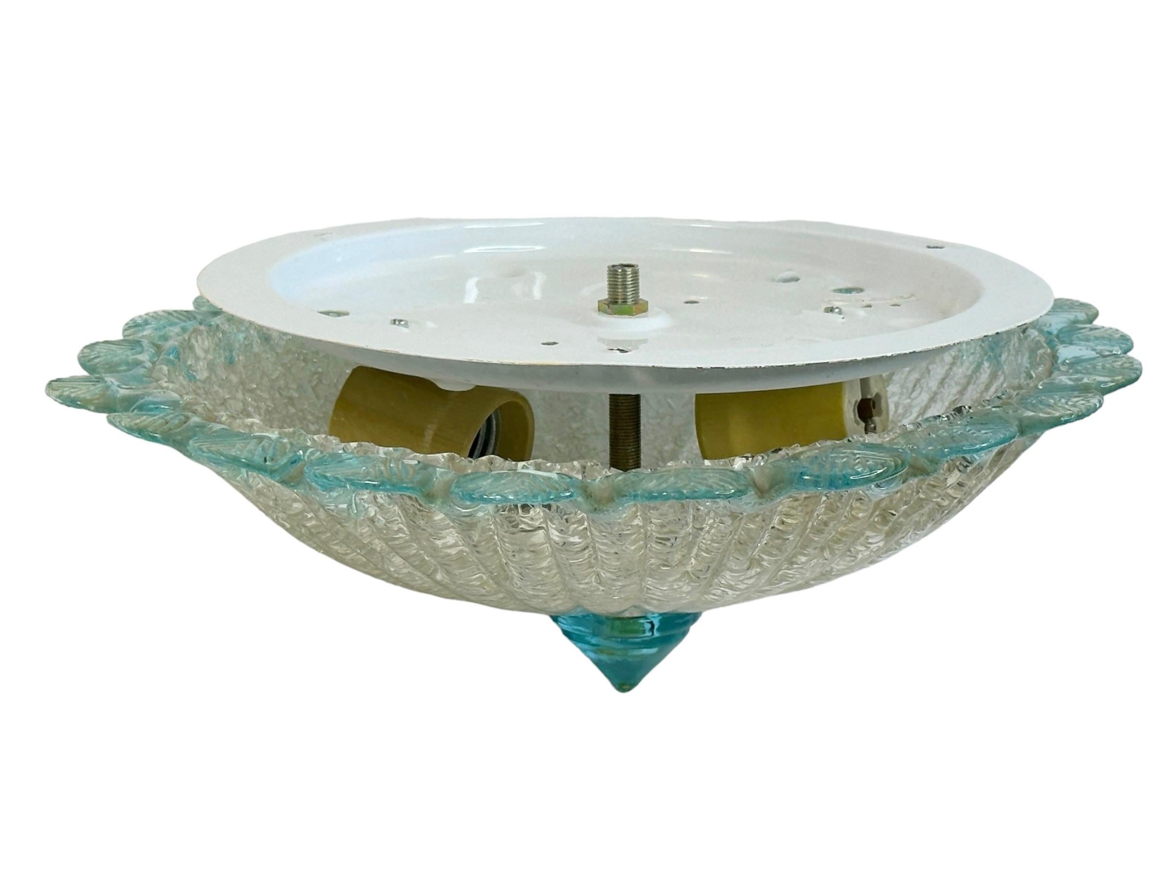 Clear and Light Blue Murano Glass Flush Mount Ceiling Light, Italy, 1970s For Sale 1