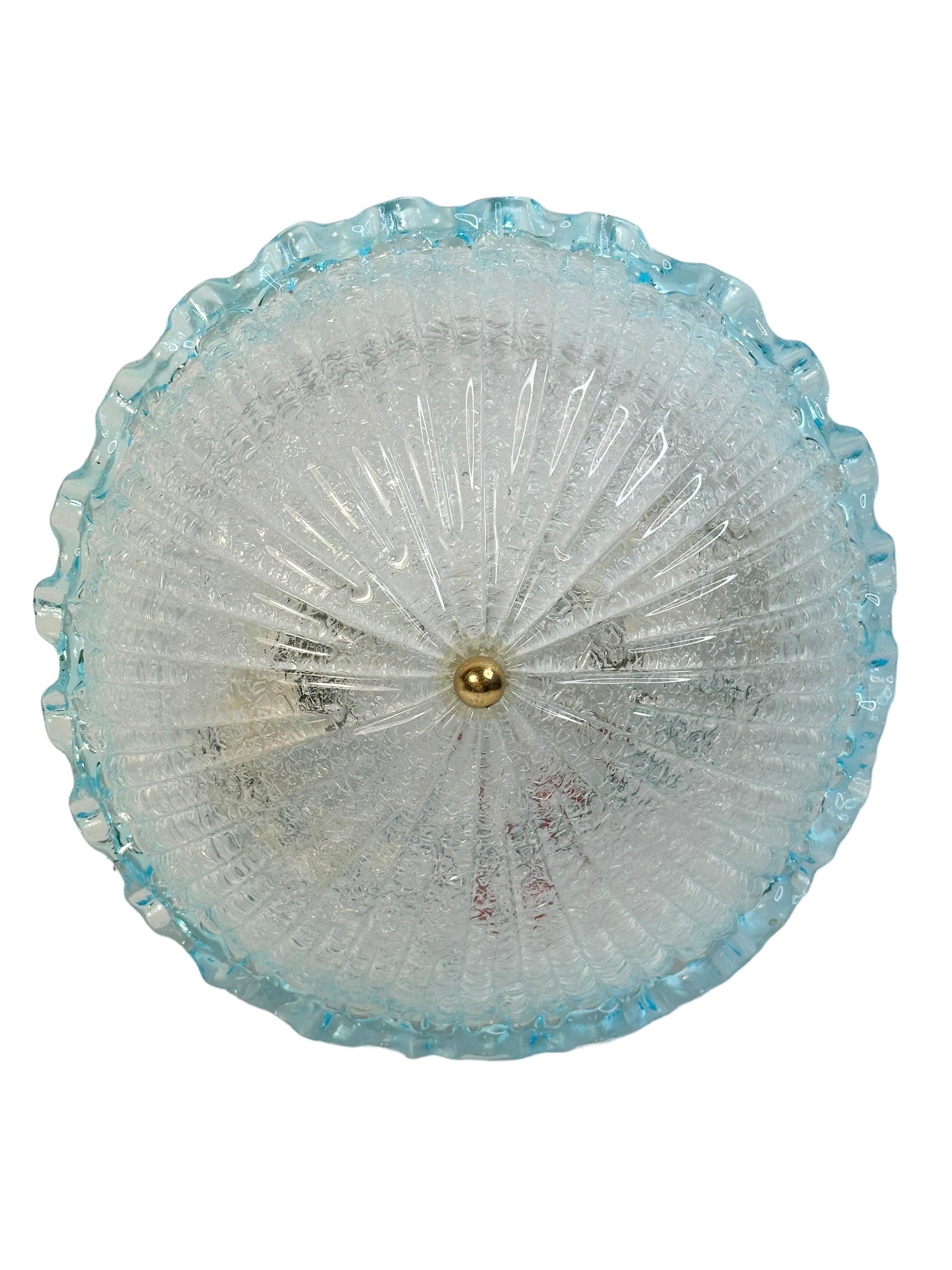 Clear and Light Blue Murano Glass Flush Mount Ceiling Light, Italy, 1970s For Sale