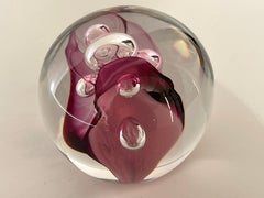 Clear and Magenta Glass Signed Studio Paperweight with Bubble Inclusions