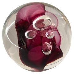 Clear and Magenta Glass Signed Studio Paperweight with Bubble Inclusions