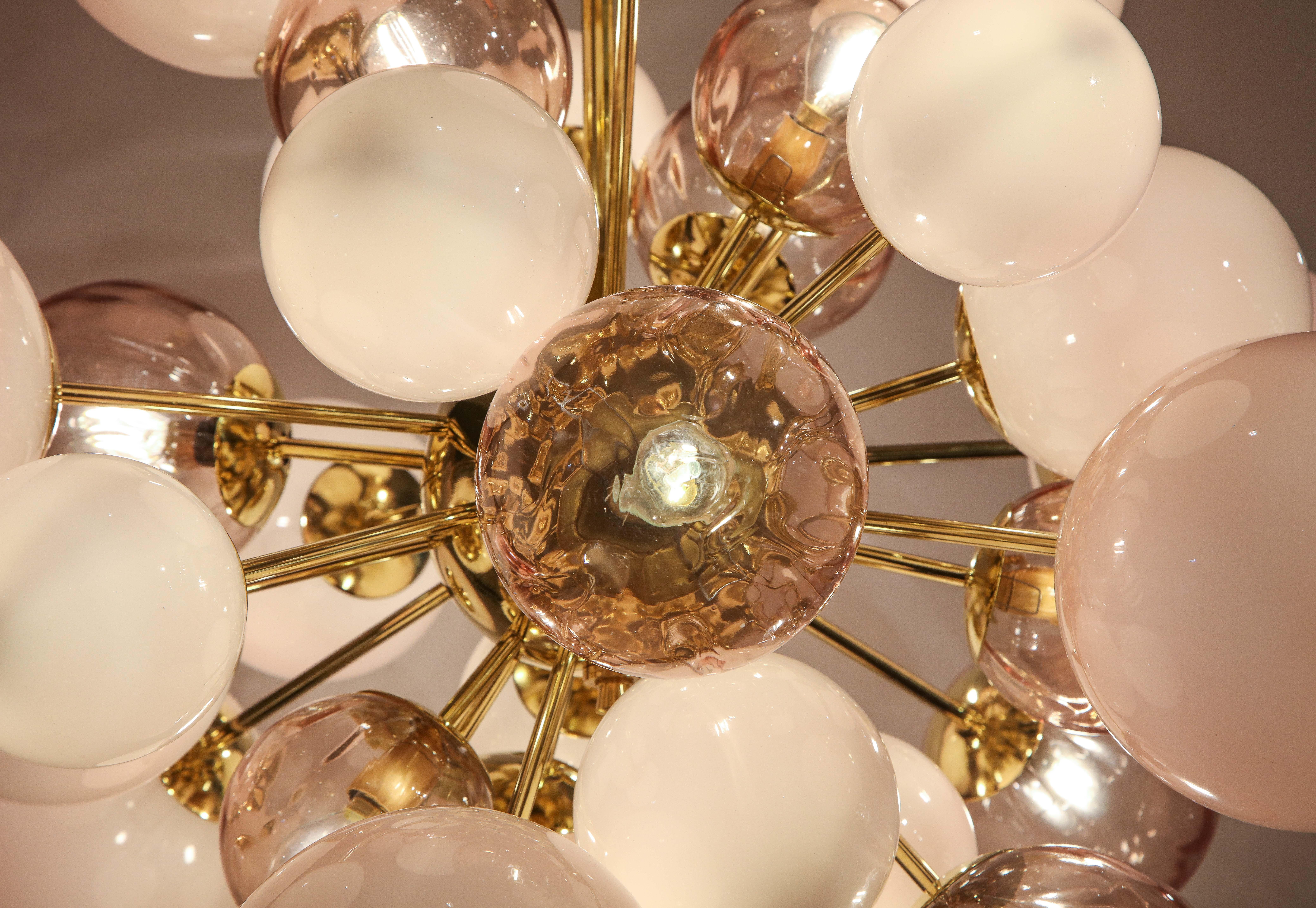 Clear and Opaque Pink Blush Murano Glass and Brass Sputnik Chandelier, Italy 1