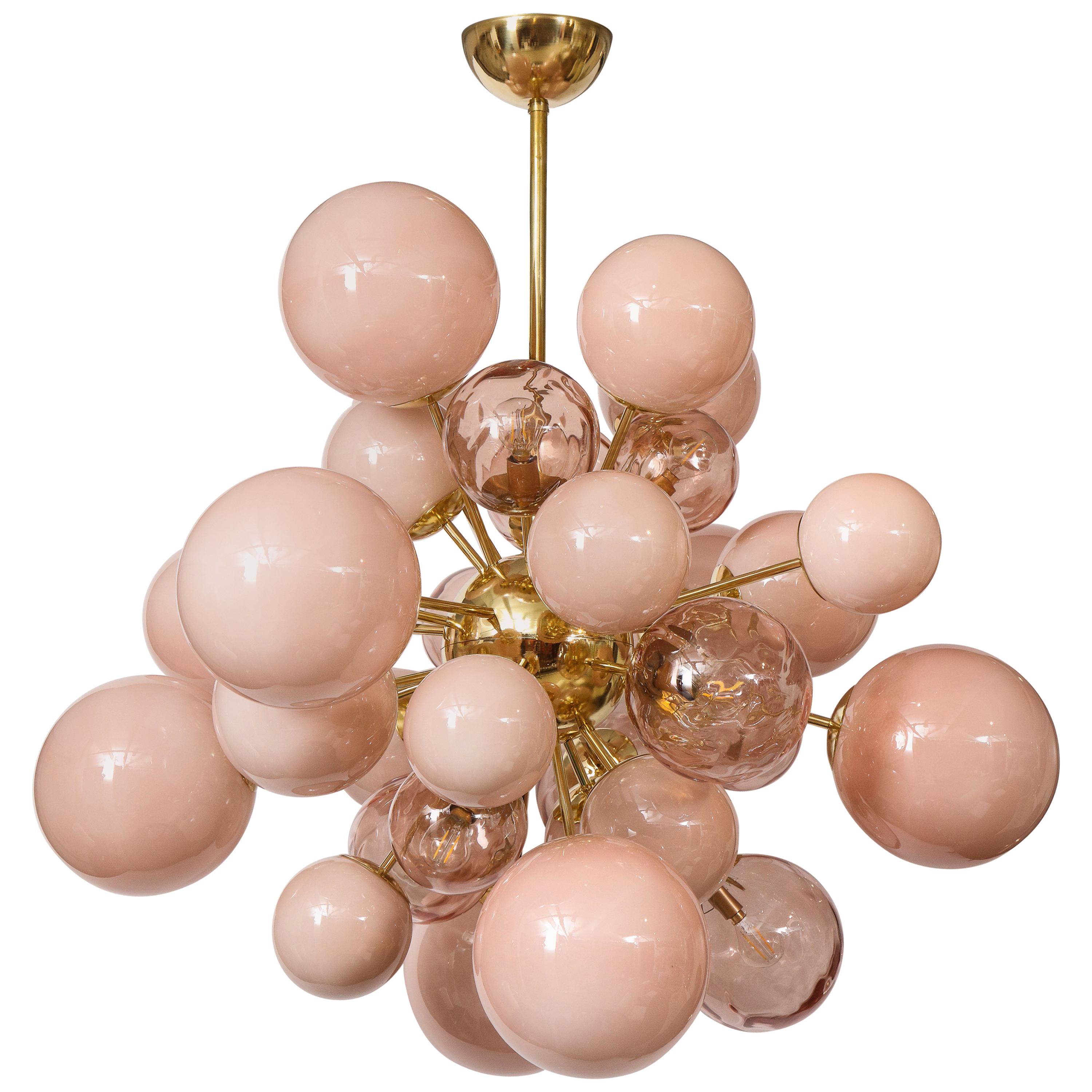 Clear and Opaque Pink Blush Murano Glass and Brass Sputnik Chandelier, Italy
