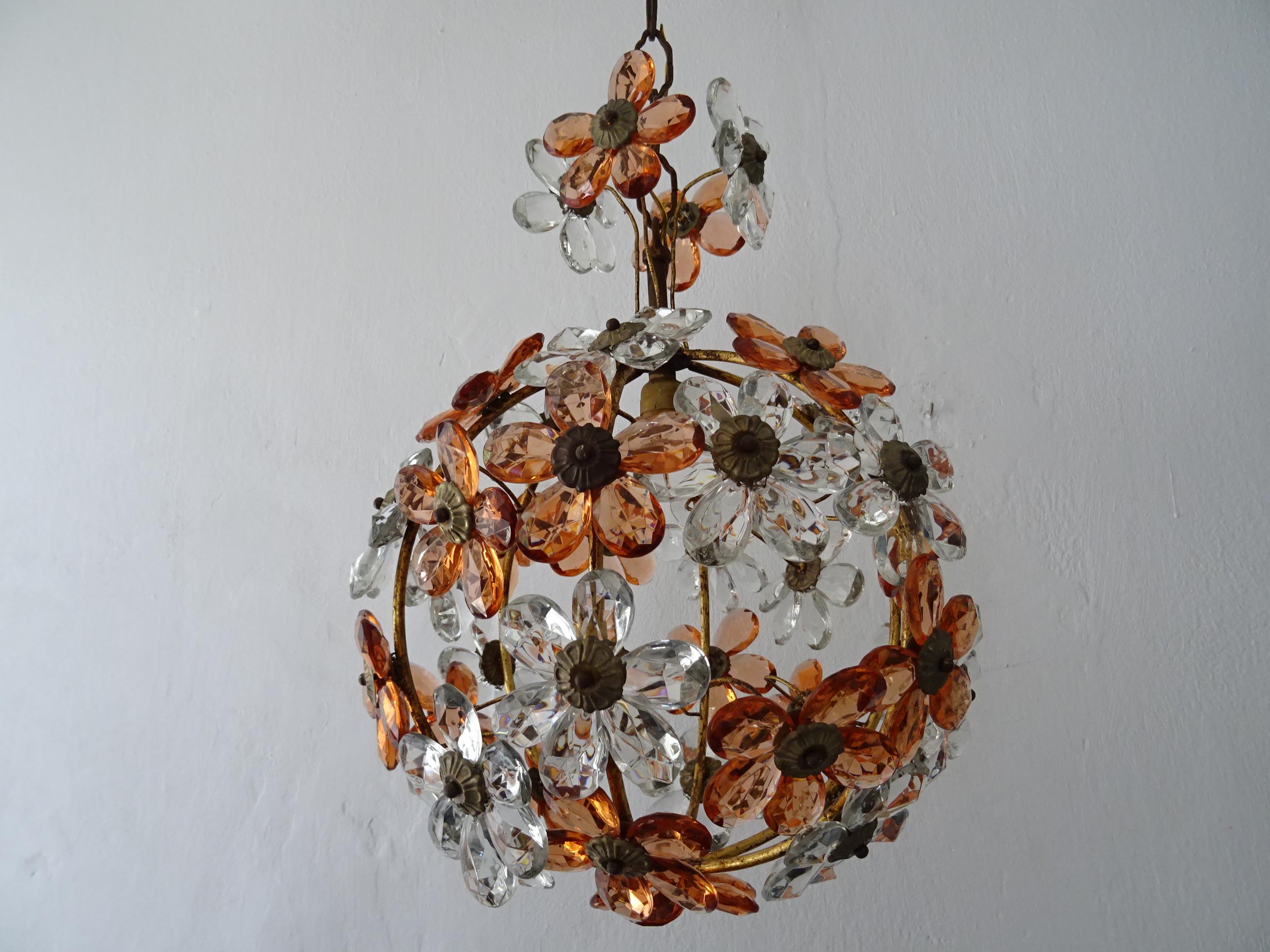 Clear and Peach Crystal Flowers Maison Baguès Style Chandelier, c 1920 2