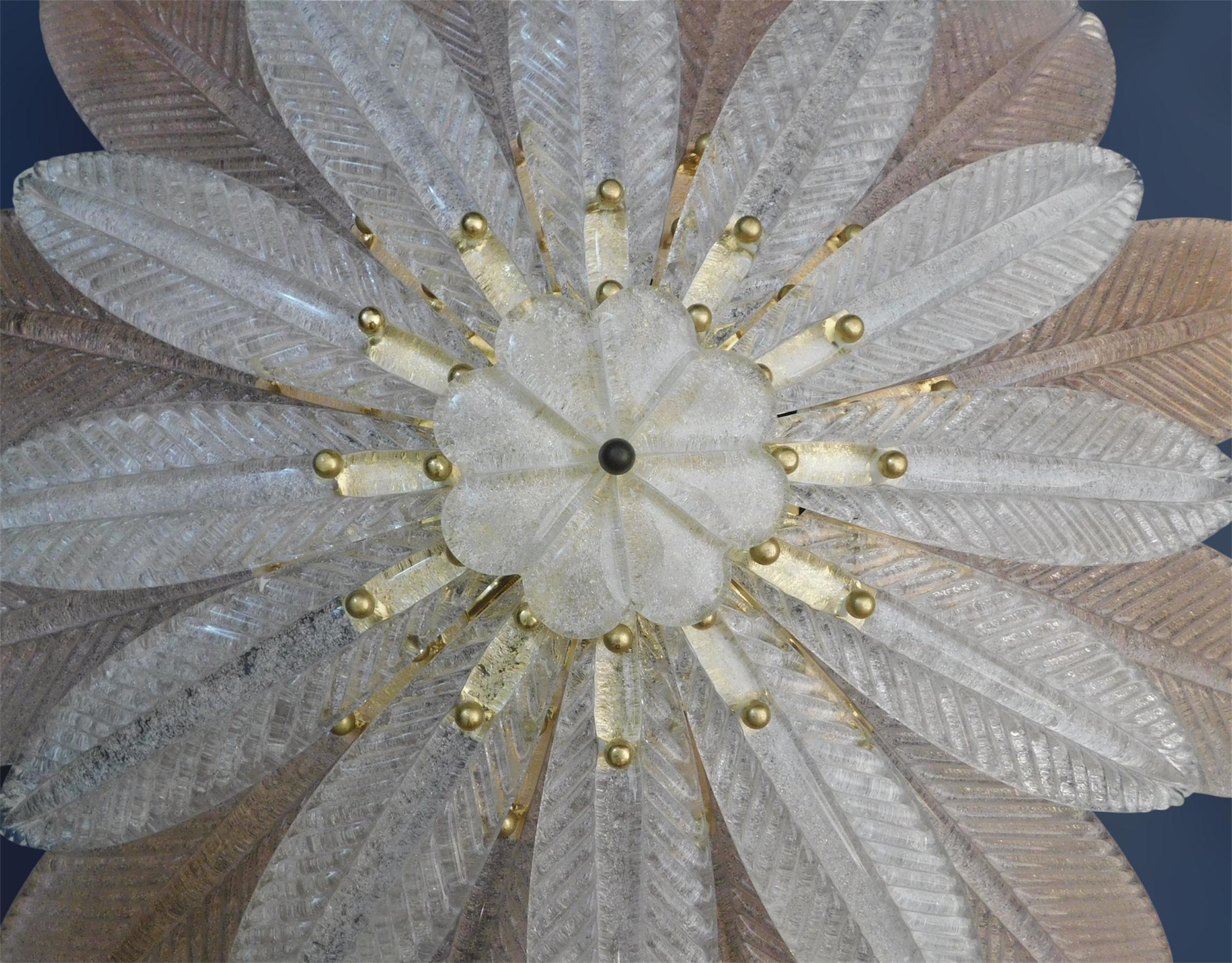 Italian Clear and Pink Graniglia Murano Leaves Flush Mount For Sale
