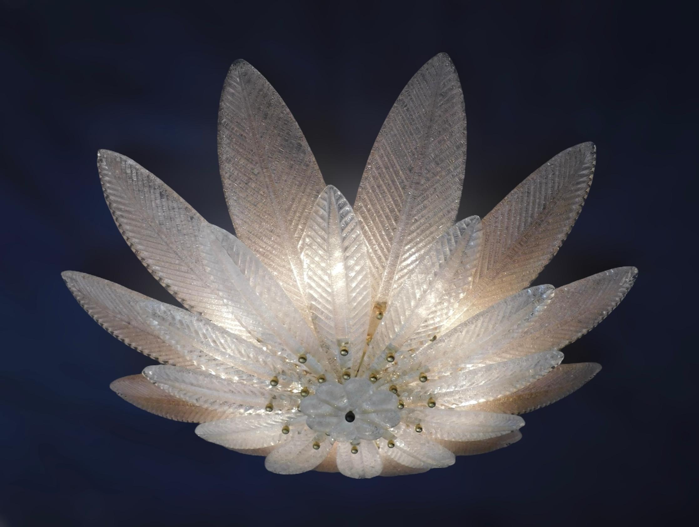 Clear and Pink Graniglia Murano Leaves Flush Mount In Good Condition For Sale In Los Angeles, CA