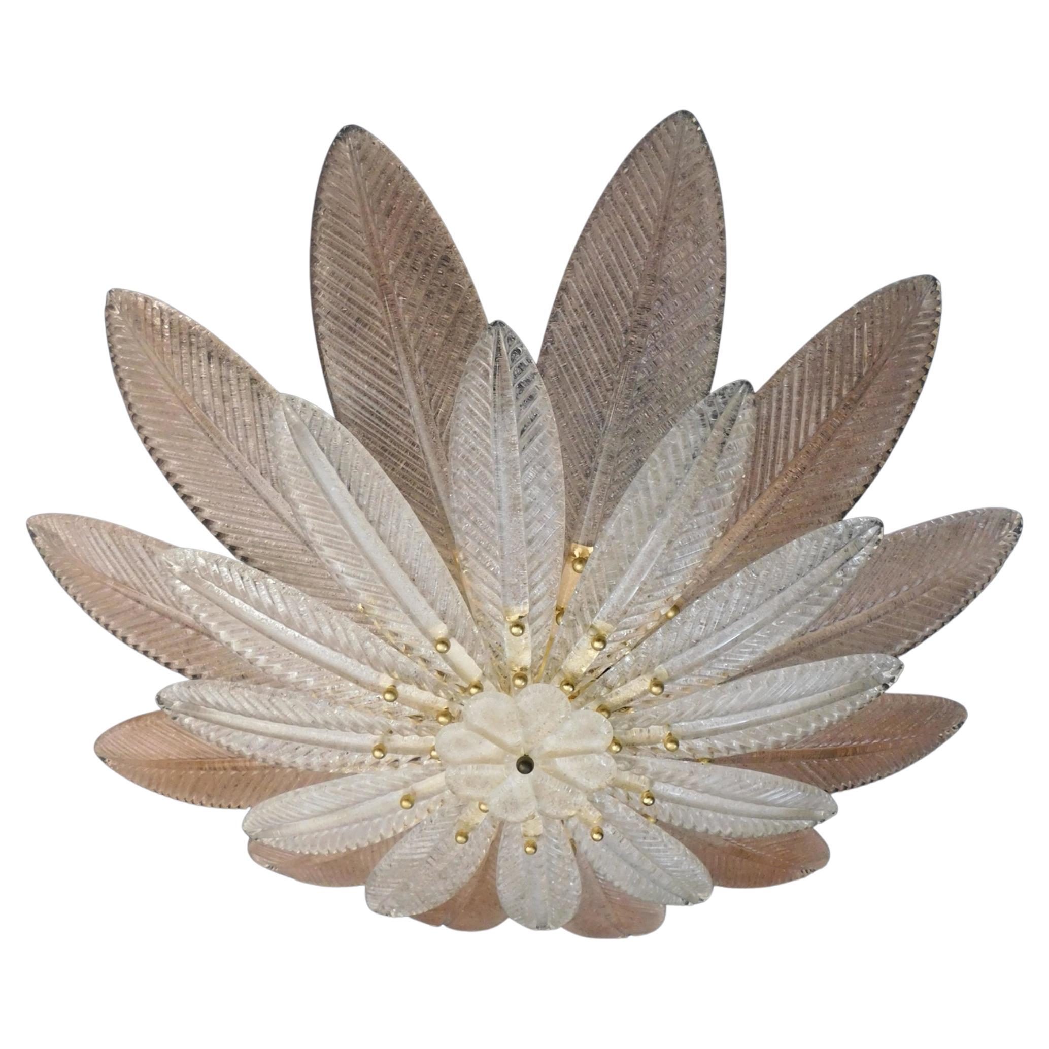Clear and Pink Graniglia Murano Leaves Flush Mount For Sale