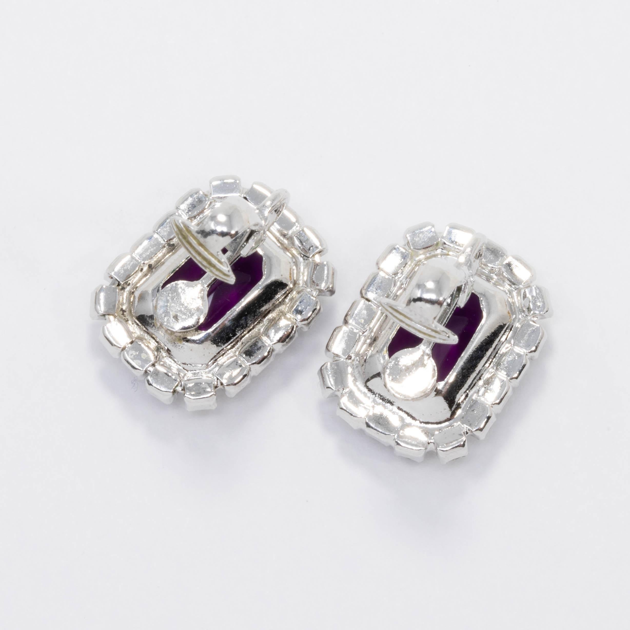 Clear and Purple Amethyst Crystal Silvertone Clip on Earrings, Mid 1900s In Good Condition For Sale In Milford, DE
