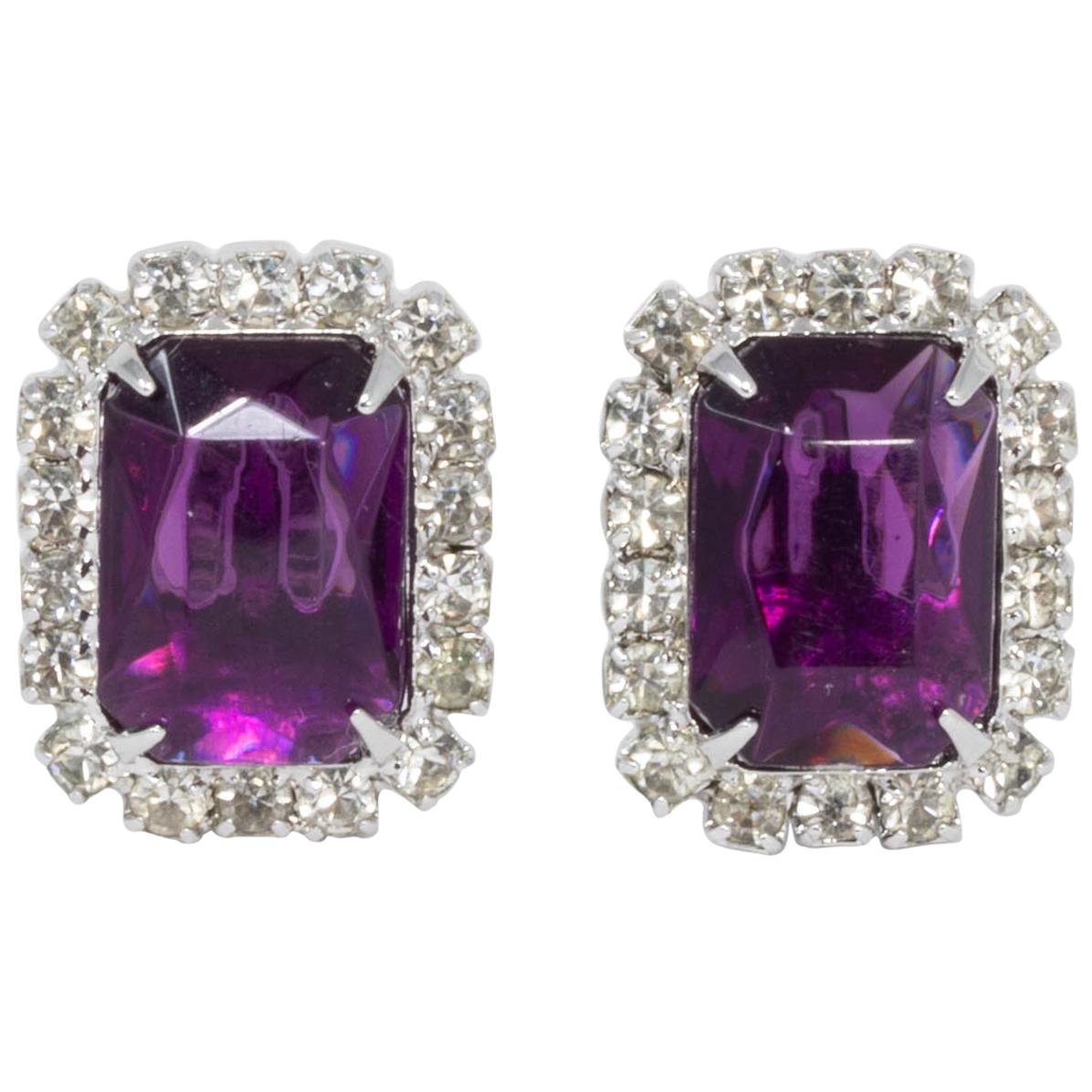 Clear and Purple Amethyst Crystal Silvertone Clip on Earrings, Mid 1900s For Sale