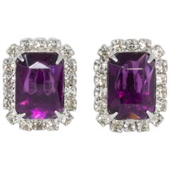 Vintage Clear and Purple Amethyst Crystal Silvertone Clip on Earrings, Mid 1900s