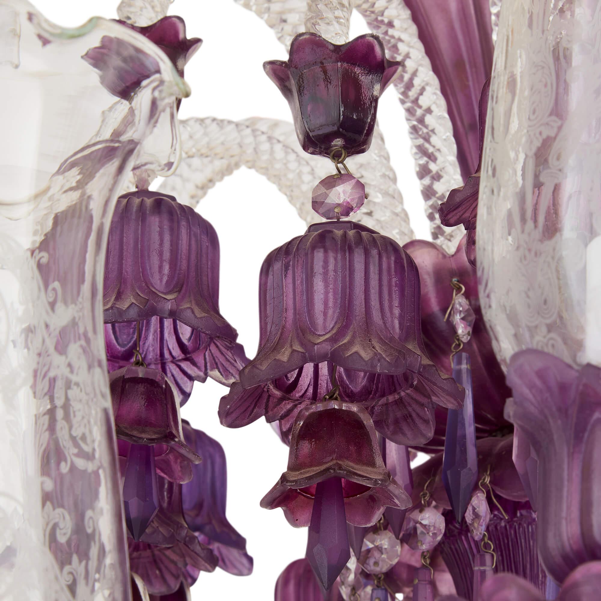 European Clear and Purple Cut-Glass Chandelier in the Belle Époque Style  For Sale