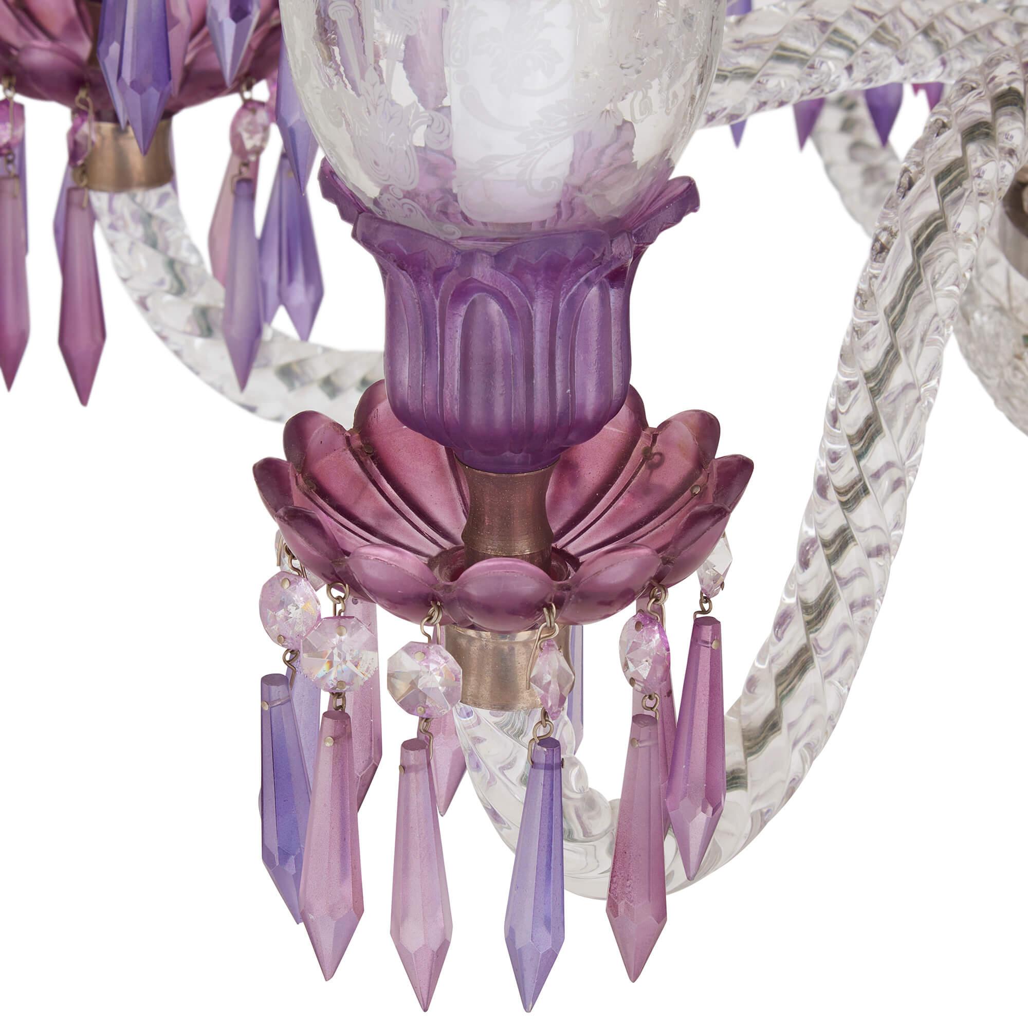 Etched Clear and Purple Cut-Glass Chandelier in the Belle Époque Style  For Sale