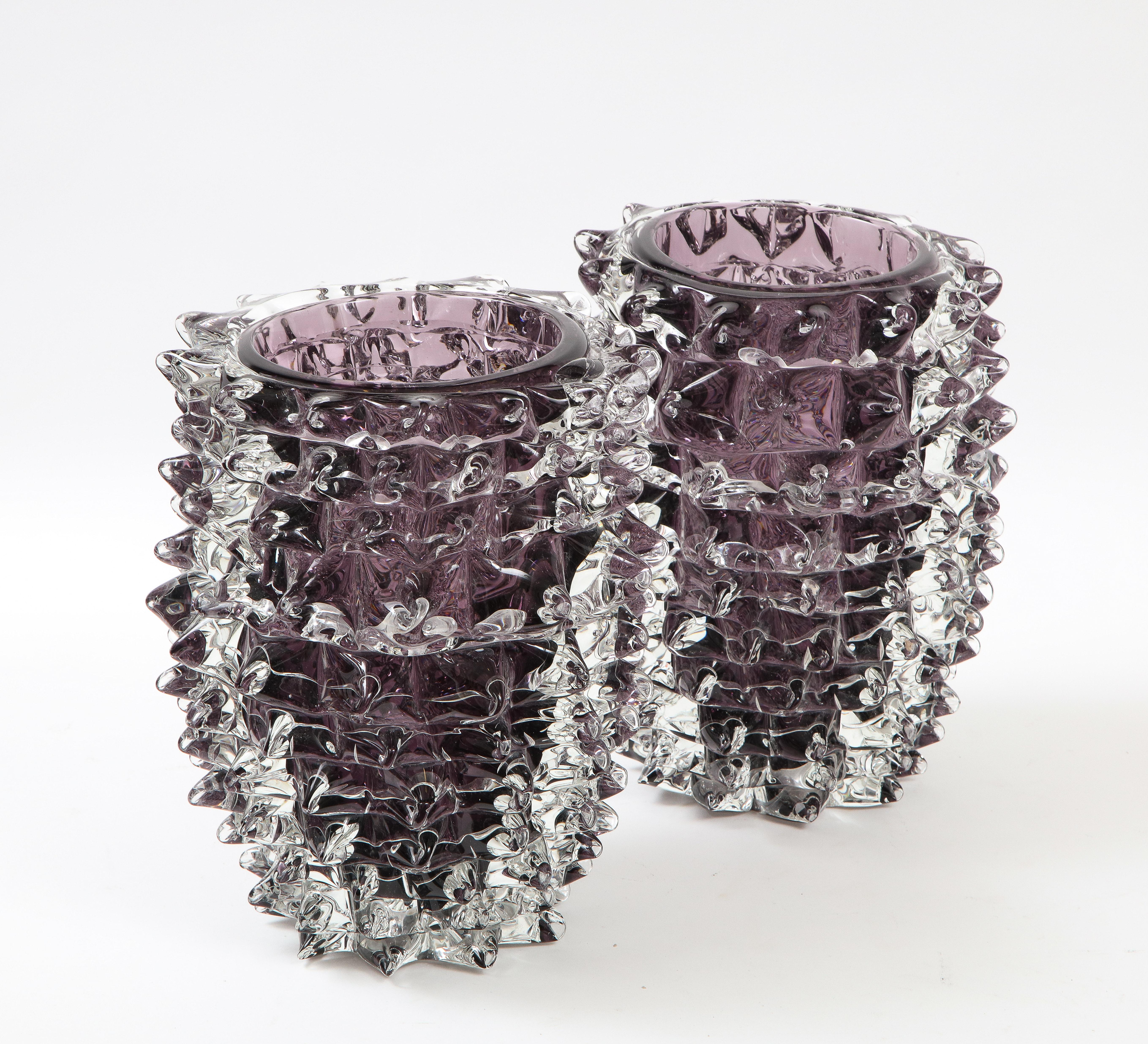 Clear and Amethyst Rostrato Murano Glass Vases by Toso, Italy, 2022, Signed For Sale 3