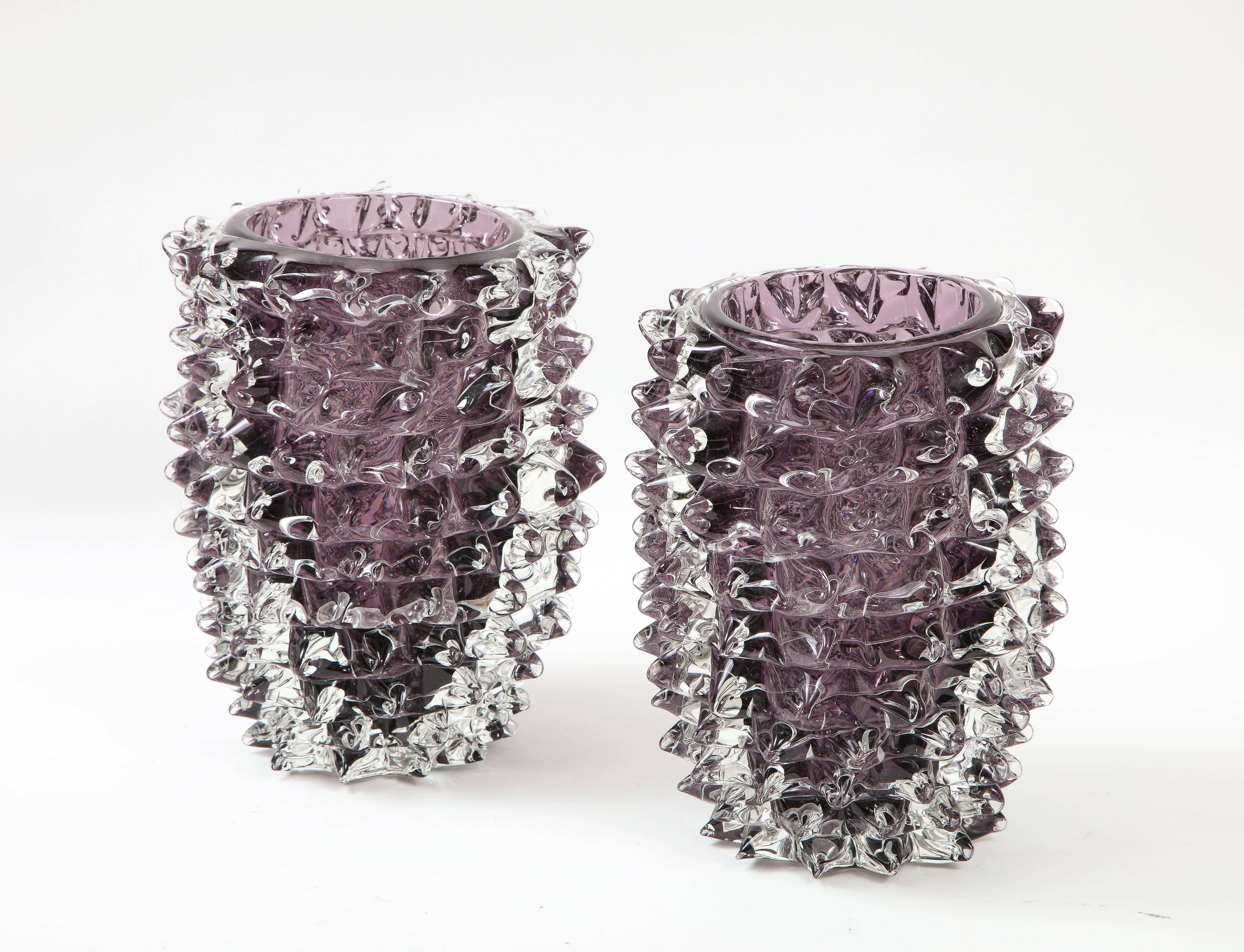 Italian Clear and Amethyst Rostrato Murano Glass Vases by Toso, Italy, 2022, Signed For Sale