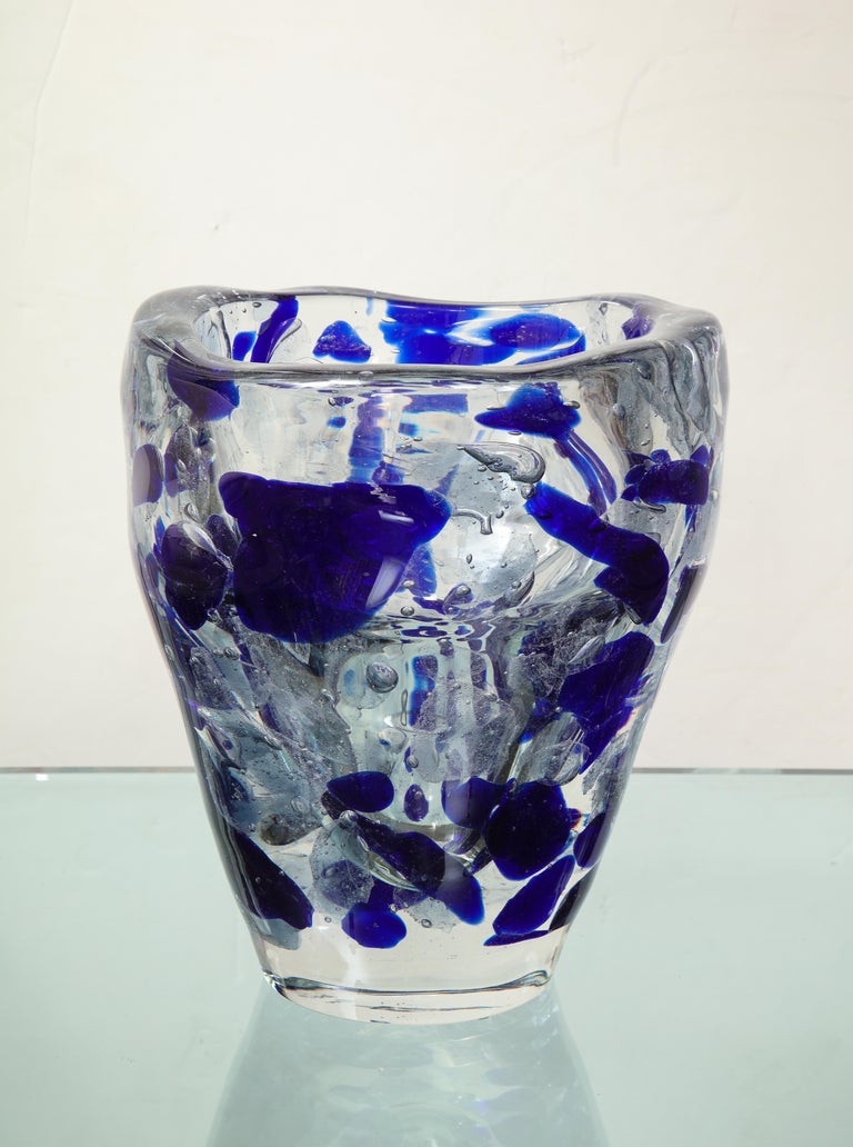 Italian Clear and Royal Blue Murano Glass Pollock Vase For Sale