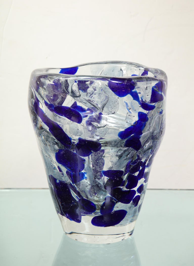 Contemporary Clear and Royal Blue Murano Glass Pollock Vase For Sale