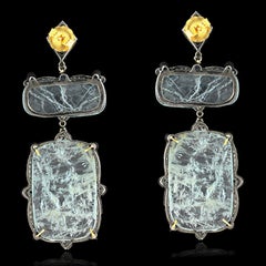Clear Aquamarine Dangle Earrings Accented With Blue Sapphire & Diamonds