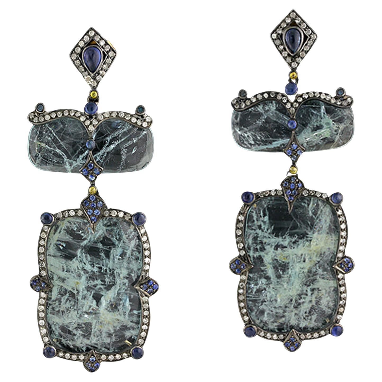 Clear Aquamarine Dangle Earrings Accented With Blue Sapphire & Diamonds For Sale