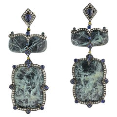 Clear Aquamarine Dangle Earrings Accented With Blue Sapphire & Diamonds