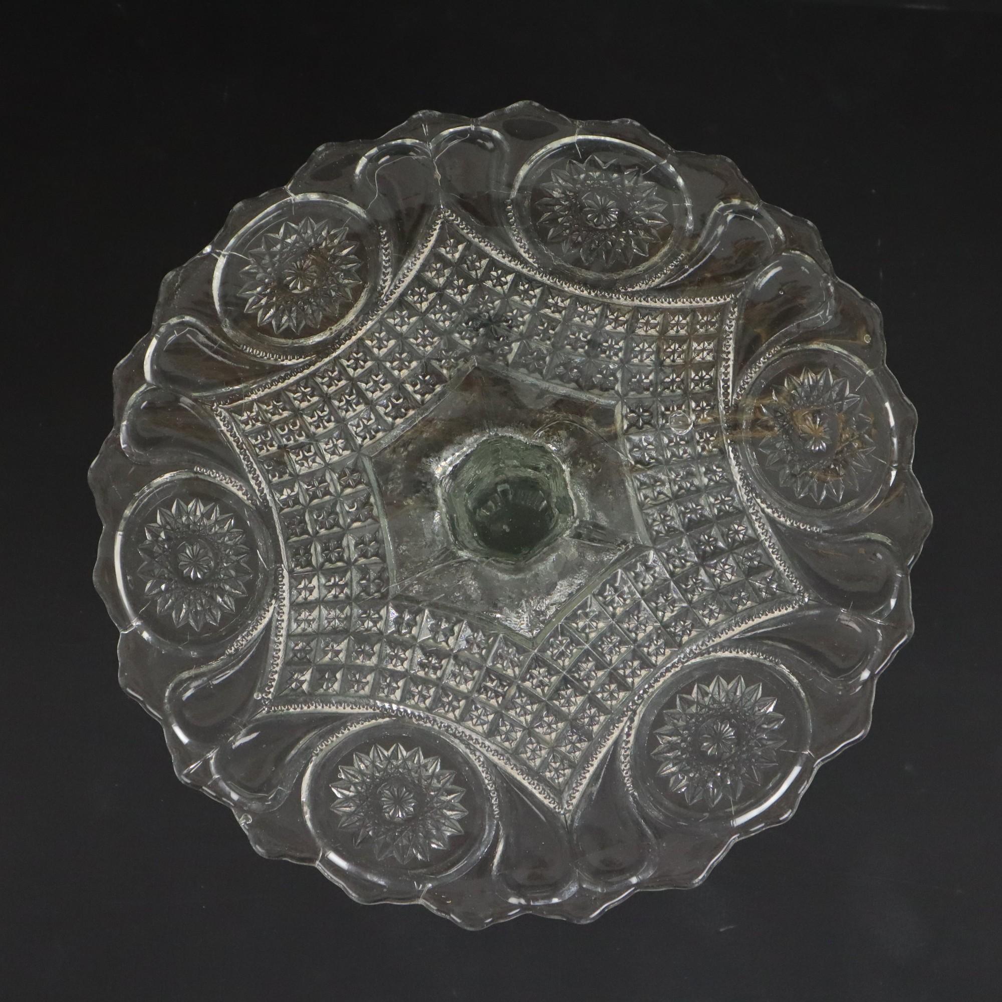 Belgian Clear Art Deco Cake Stand Pressed Glass Star Motif Cake Stand For Sale