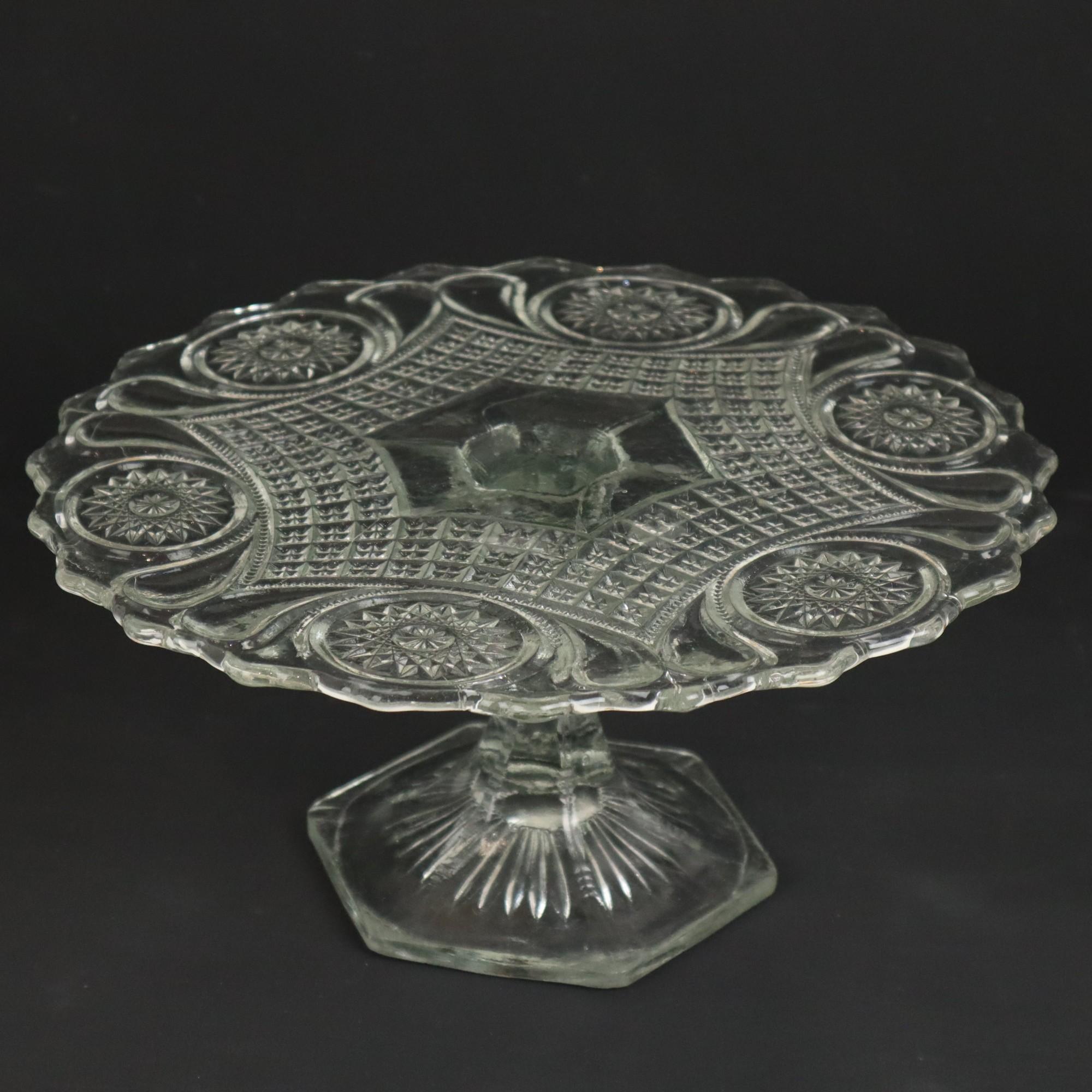 Clear Art Deco Cake Stand Pressed Glass Star Motif Cake Stand For Sale 3