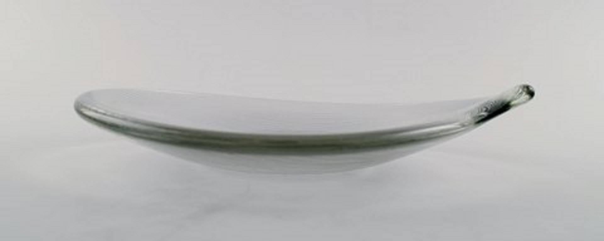 Scandinavian Modern Clear Art Glass Dish with Engraved Decoration in the Form of Stripes